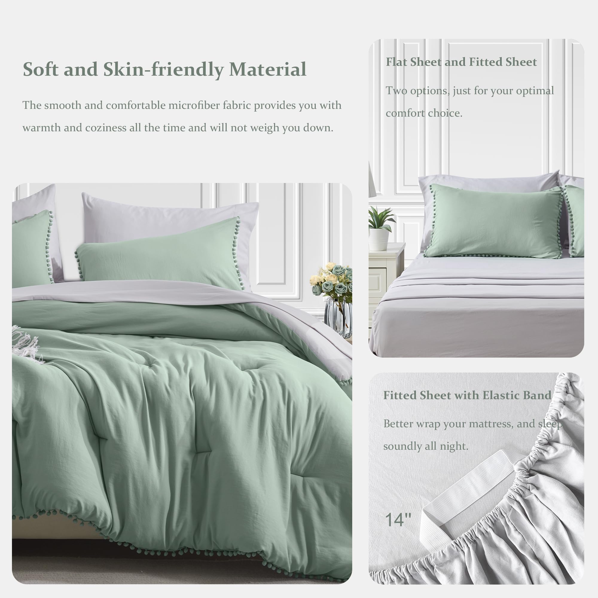 GRT 7-Piece Reversible Queen Size Bed in a Bag Comforter Set with Pom Pom Fringe - Green Bedding Set Includes Comforter, Pillow Shams, Flat Sheet, Fitted Sheet & Pillowcases - Perfect for Master Bedrooms, Guest Rooms & Cozy Home Decor