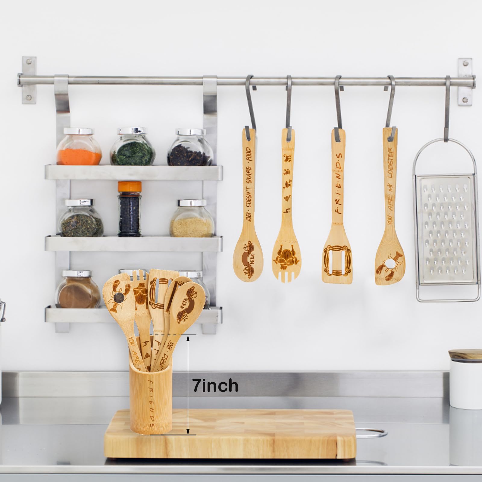 Friends TV Show Wooden Spoons Set - 6 Piece Kitchen Utensils with Holder, Non-Stick Cooking Tools, Perfect Gift for Fans, Mom & Women (Housewarming, Birthday) - Ideal for Cooking, Baking & Displaying as Collectible Merchandise