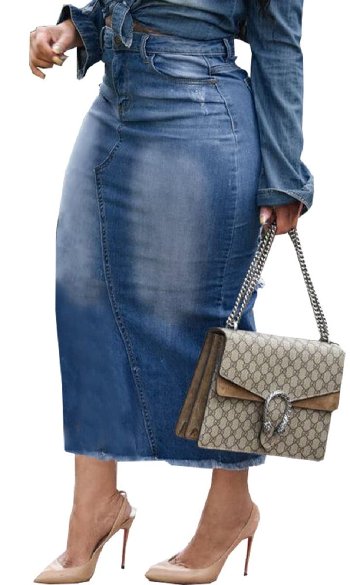 Women's High Waist Stretch Denim Midi Skirt with Side Slit & Pockets - Casual Frayed Blue Jean Skirt for Everyday Wear, Date Night & Spring Outfits