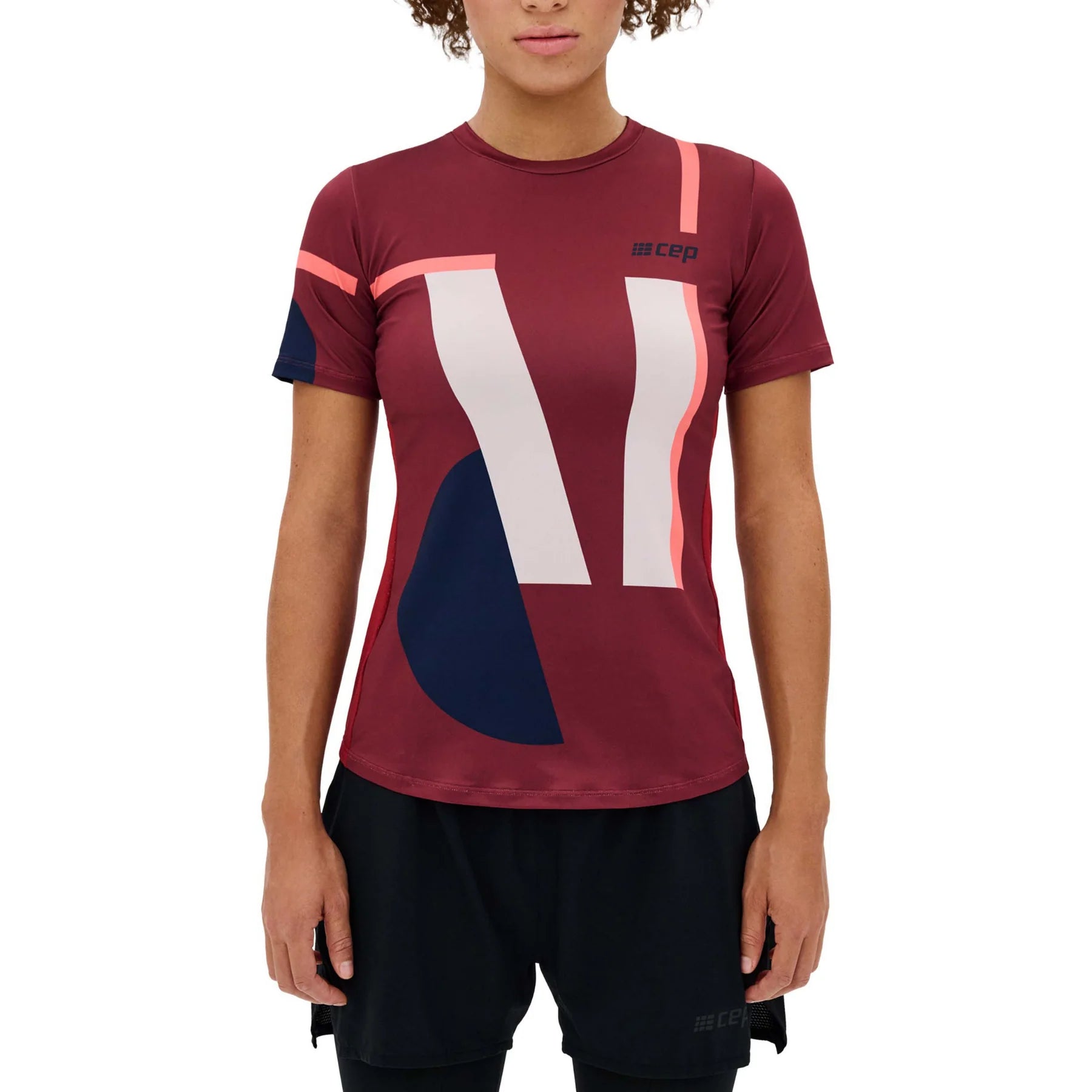 CEP Women's The Run Shirt - Round Neck Short Sleeve V5 Athletic Top - Dark Red Geometric Print Running Shirt for Women | Perfect for Jogging, Gym Workouts & Outdoor Activities