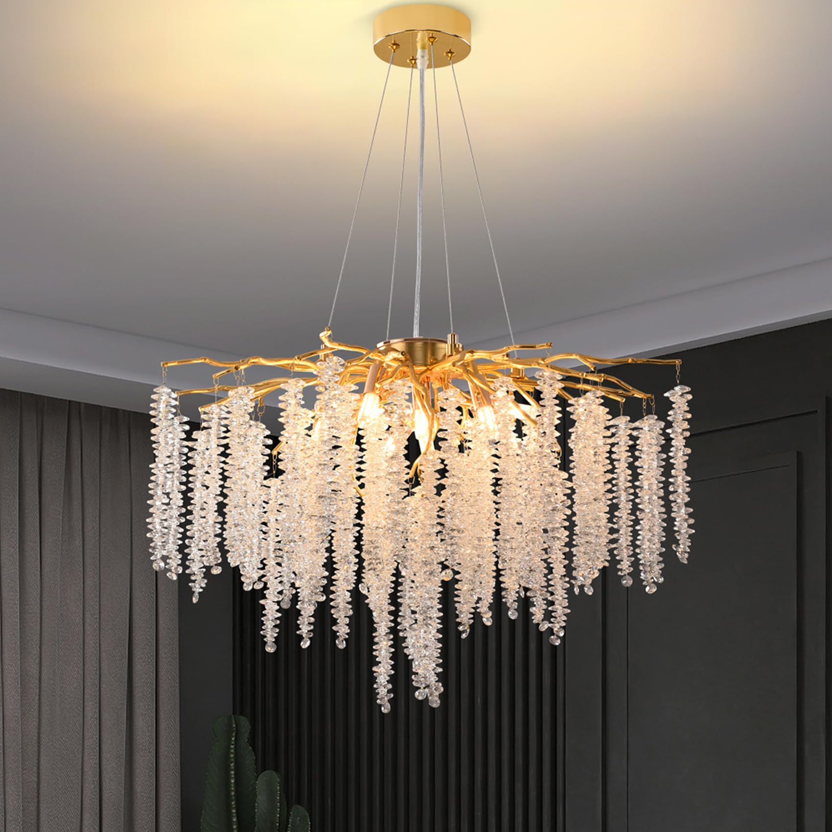 Luxury Gold Crystal Tree Branches Chandelier - 9-Light Round Raindrop Pendant Ceiling Fixture with Tassel, 23.7