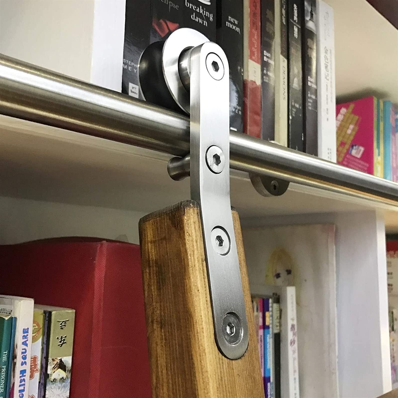 Stainless Steel Sliding Library Hardware Rolling Track Kit (No Ladder Needed) + Extension Rail, 3.3ft-20ft Adjustable Length, Complete Round Tube Rail System for Bookshelf Organization and Space Saving Storage