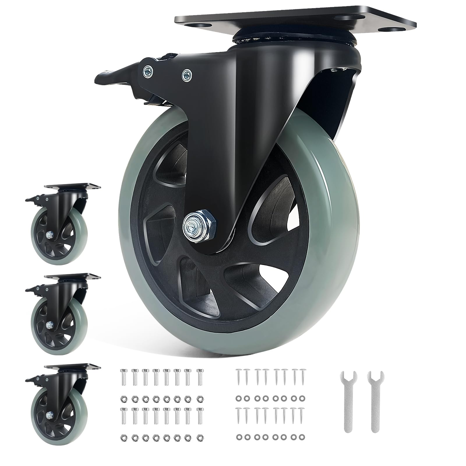 5 Inch Heavy Duty Caster Wheels Set of 4 - BZOLIHEU Locking Swivel Casters with Brake, Grey Polyurethane Wheels for Furniture, Workbench Cart & Industrial Equipment | Quiet Rolling, Durable Workspace & Garage Use