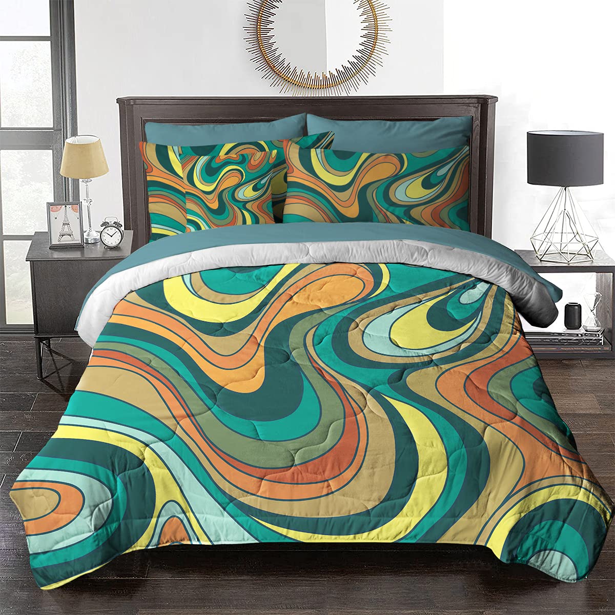 BlessLiving Modern Wave King Size 8-Piece Bed in a Bag Set - Abstract Turquoise Teal Comforter with Pillowcases, Sheets & Cushion Cover - Soft Bedding for Contemporary Bedrooms & Guest Rooms