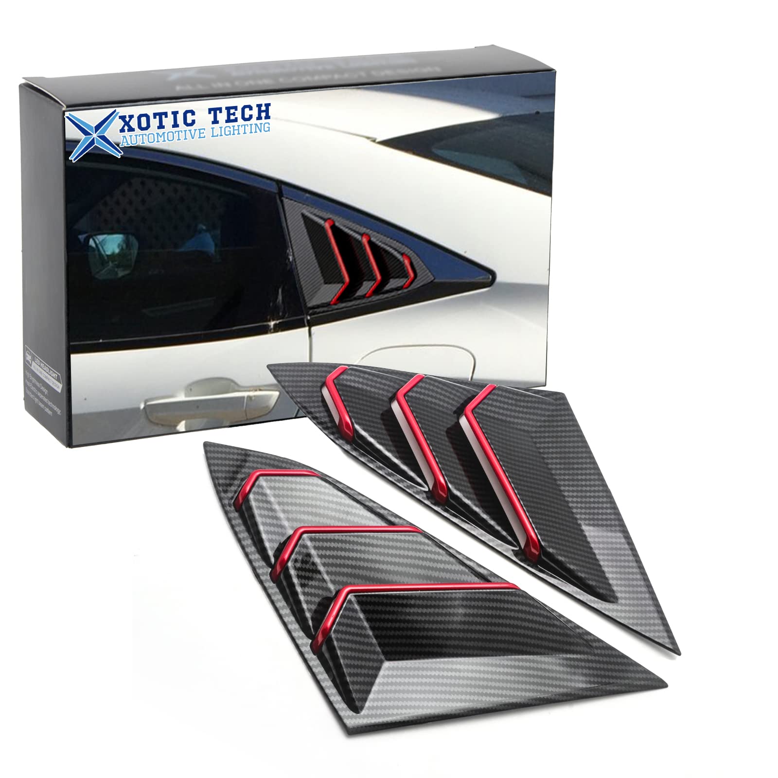 Xotic Tech Rear Side Window Louver Cover Trim - Carbon Fiber Pattern with Red Accent - Compatible with 2016-2021 Honda Civic 10th Gen Sedan - Enhances Style & Airflow - Perfect for Car Enthusiasts & Custom Builds