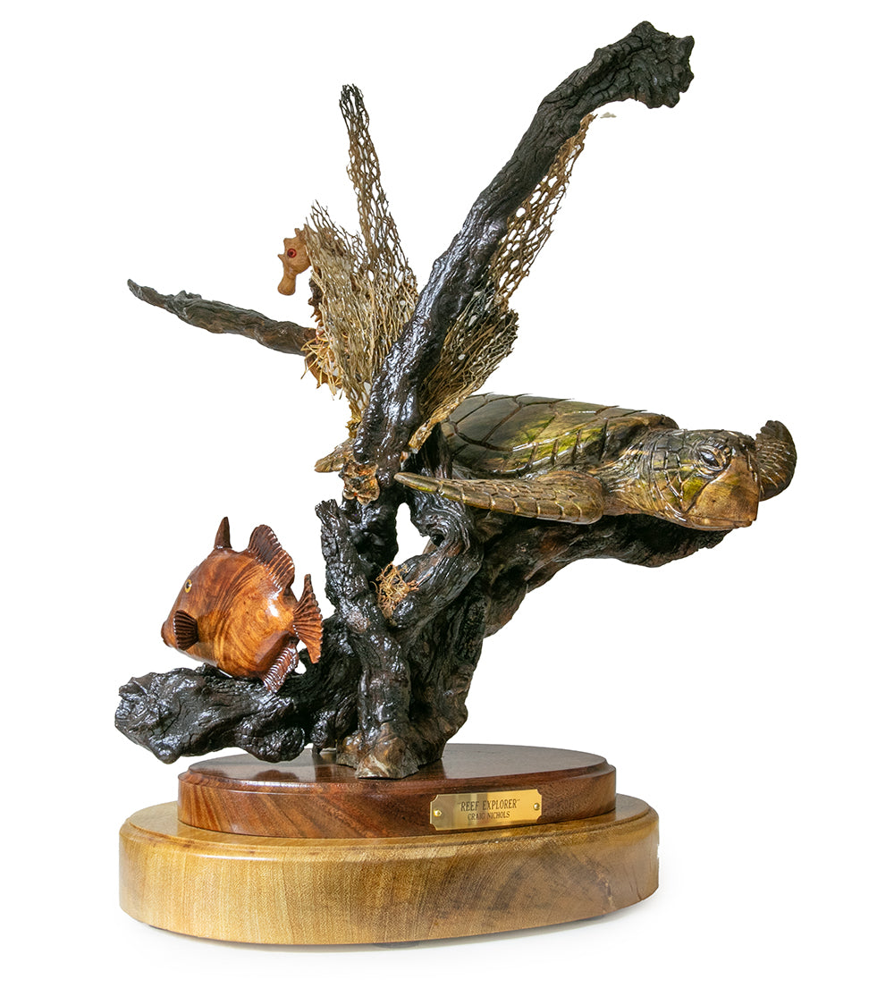 Handcrafted Koa Wood Sculpture - Reef Explorer by Craig Nichols | Unique Hawaiian Art, Home Decor & Office Gift for Nature Lovers