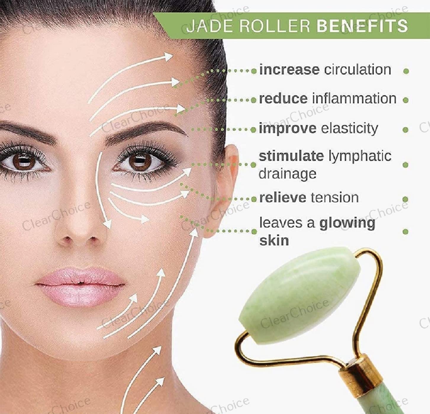 ClearChoice Facial Roller Massager - Jade & Rose Quartz Face Massage Tool for Skin Care, Wrinkle Reduction & Lymphatic Drainage - Perfect for Face, Neck & Eye Treatment - Great for Morning Routine, Spa Day & Travel Skincare