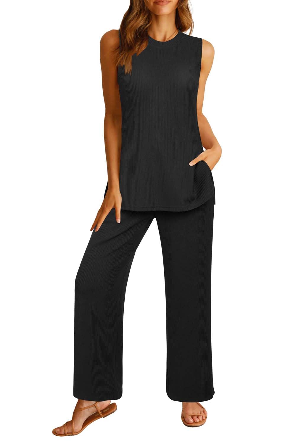Newshows Women's Summer 2 Piece Outfit - Ribbed Knit Tank Top & Wide Leg Pants Lounge Set | Matching Tracksuit for Spring/Summer 2024 Fashion | Casual Wear, Yoga, Beach, Vacation & Street Style Outfits