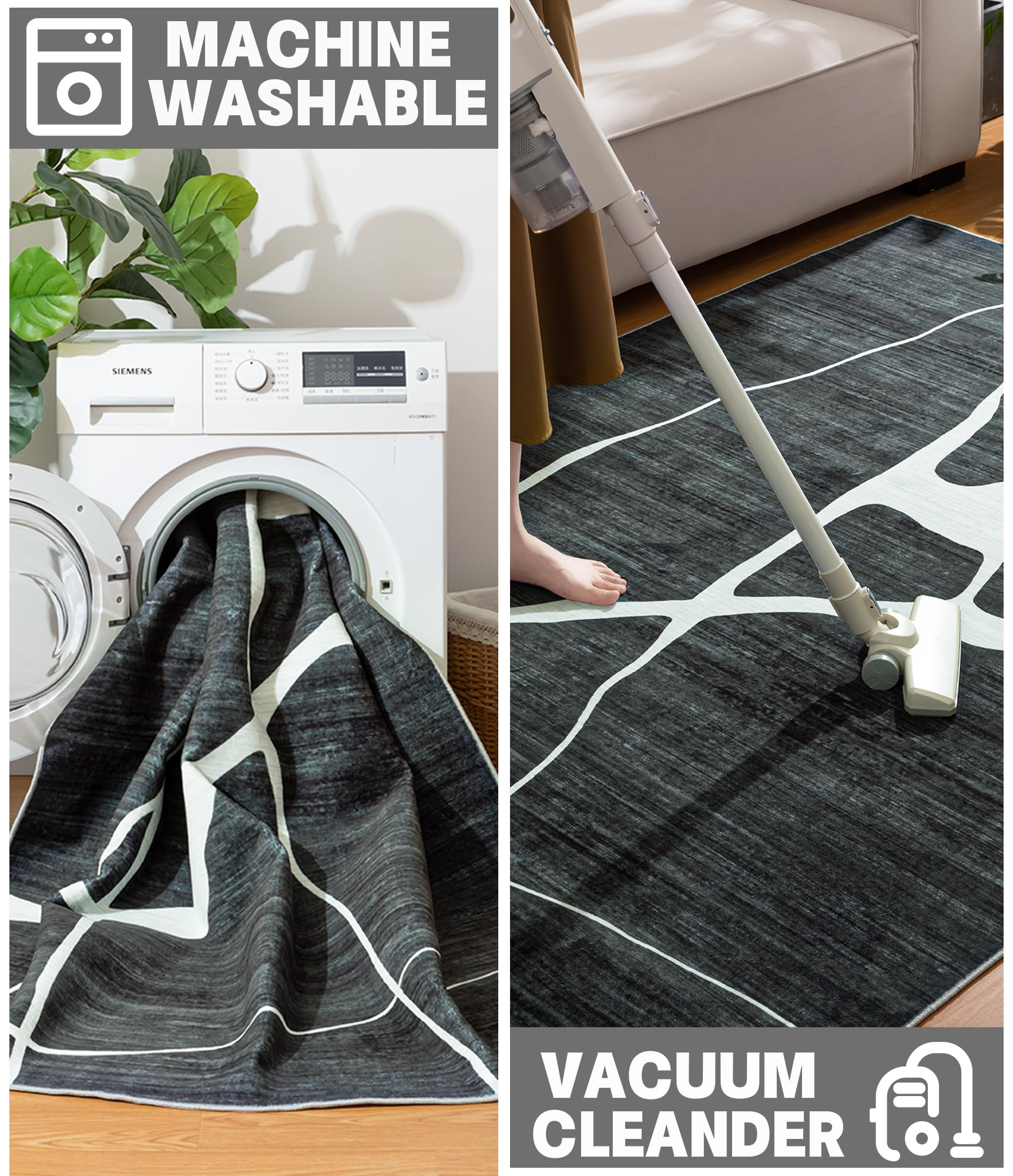 YIHOUSE Abstract Washable 6x9 Feet Ultra-Thin Non-Slip Rug - Modern Black and White Striped Minimalist Design for Living Room, Bedroom, Dining Room, Office & Playroom - Soft Floor Mat for Home Decor (6'x9', Black)