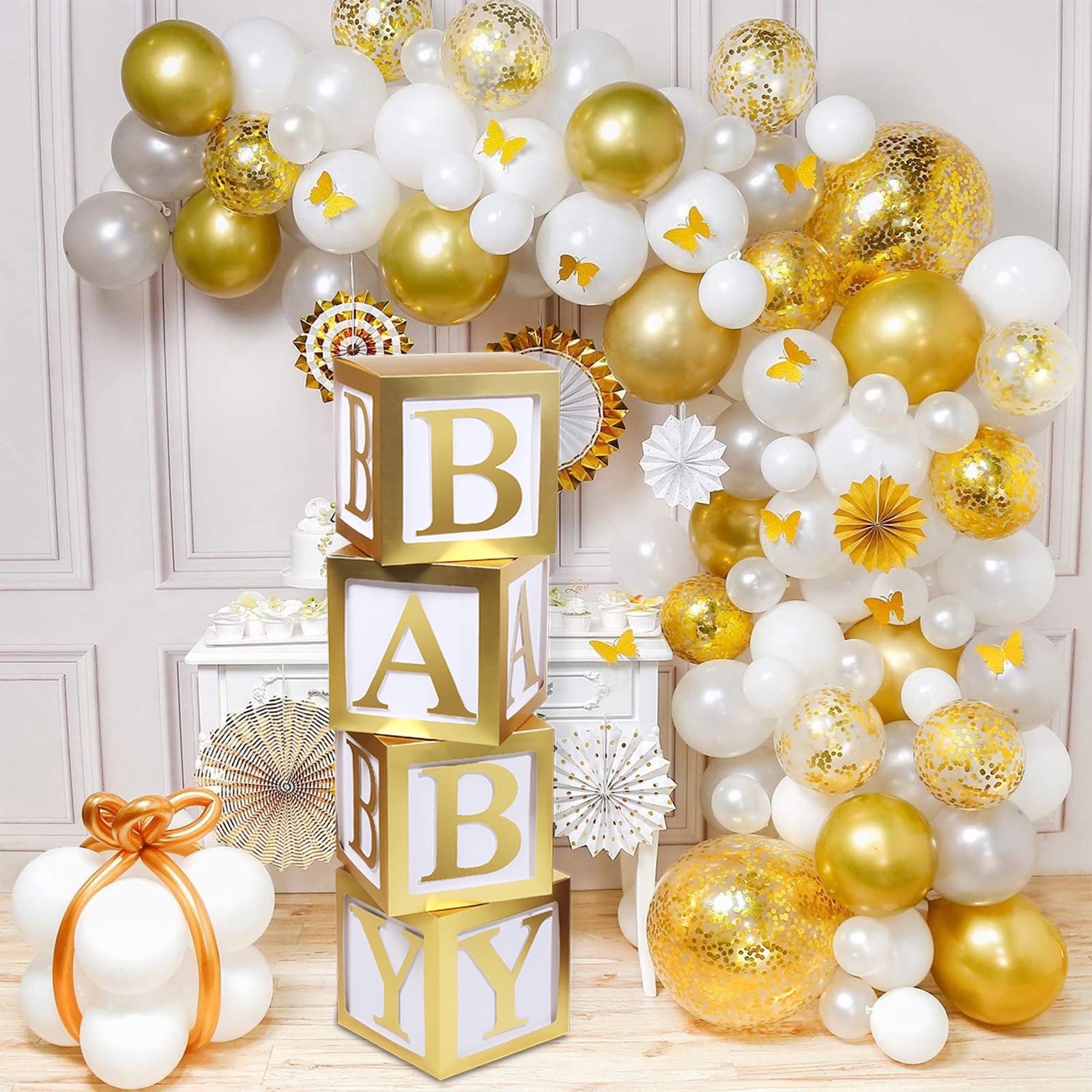 4pcs Gold Glitter Baby Shower Boxes with Letters - 3D Alphabet Blocks for Gender Neutral Baby Shower, Gender Reveal Party & Sunflower Birthday Decorations | Perfect for Nursery Decor, Newborn Photo Props & Celebration Backdrops