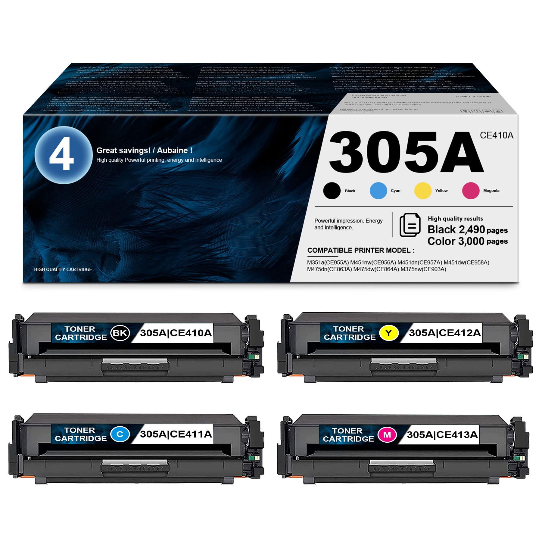 HSBHDAK High Yield Toner Cartridge Replacement (4-Pack) - Compatible with HP M351a/M451nw/M451dn/M451dw/MFP M475dn/M475dw/M375nw Printers - CE410A/CE411A/CE412A/CE413A/305A Compatible - 1BK+1C+1M+1Y - Perfect for Office Printing & High Volume Document Needs