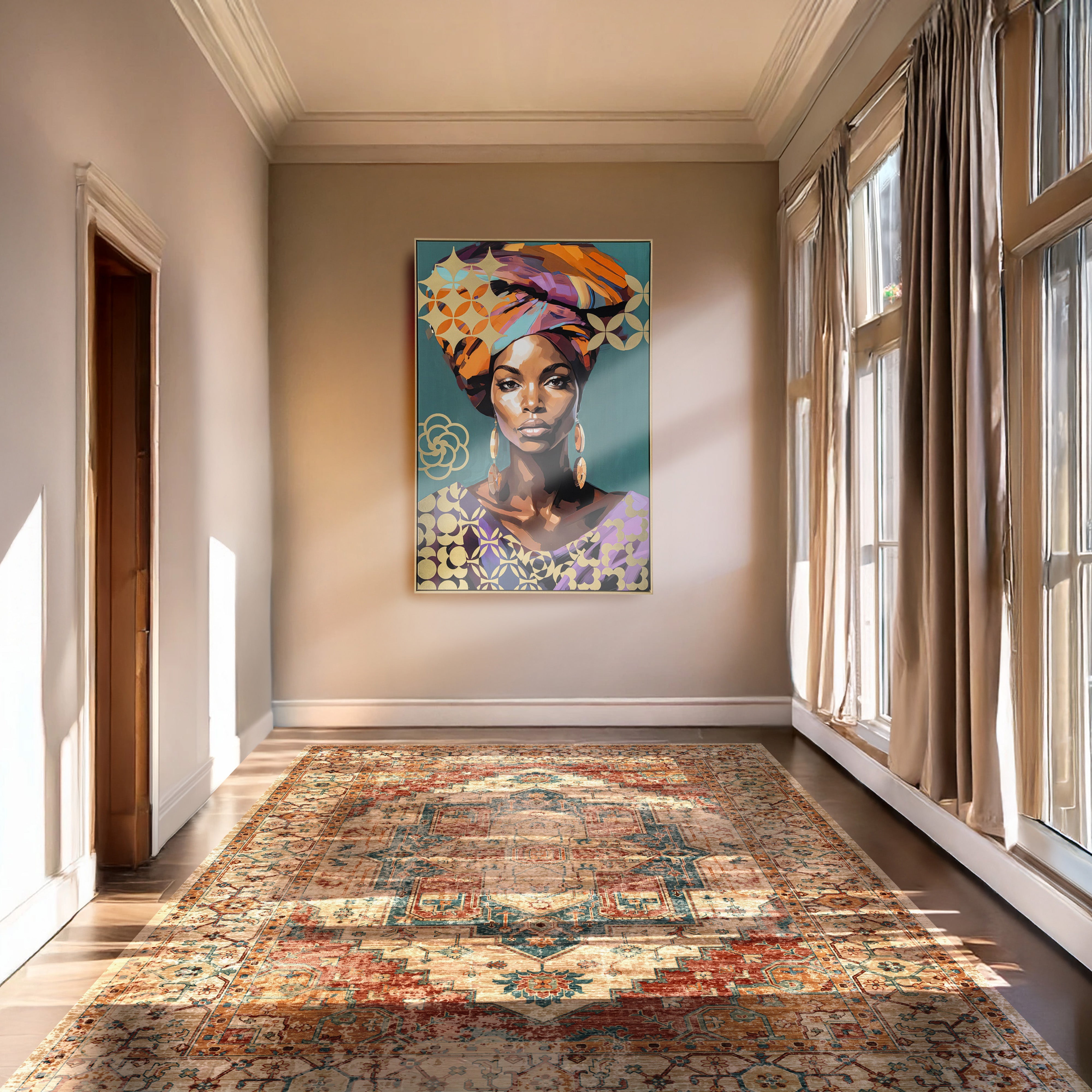 Urban Style Brushmarks Foiled Canvas African Woman Teal Wall Art - Handmade Home Decor for Living Room, Bedroom & Office
