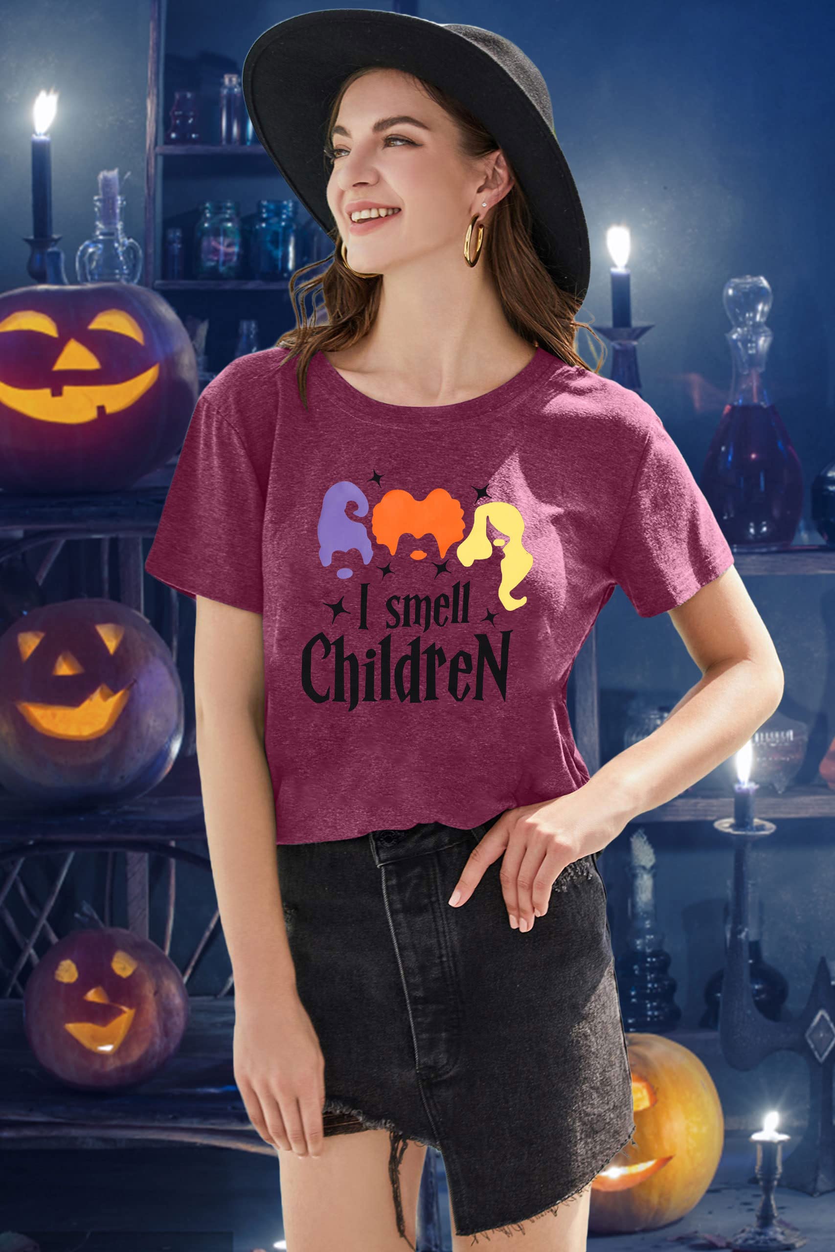 FLOYU Women's Halloween T-Shirt - Sanderson Sisters Inspired Hocus Pocus Shirt with 'I Smell Children' Print | Casual Halloween Costume Top for Teachers, Cosplay, and Halloween Parties