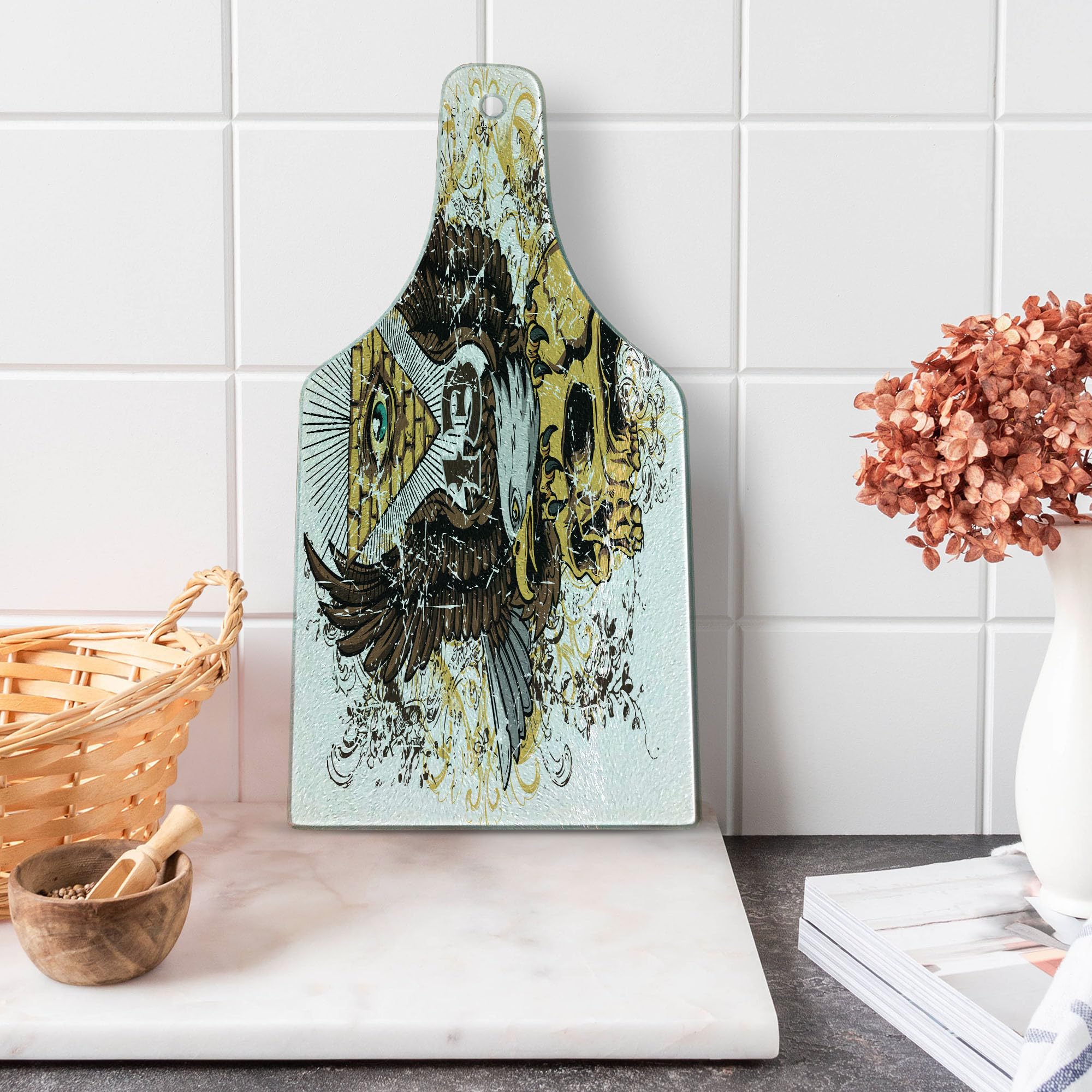 Ambesonne Tattoo-Themed Tempered Glass Cutting Board - American Eagle Wings with Skull & Brick Wall Design - Decorative Serving Board for Cheese, Charcuterie & Wine - Perfect for Parties, Kitchen Decor & Gifts (Brown & White)