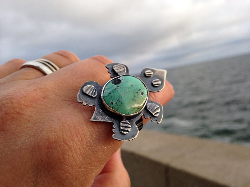 Handmade Turquoise Turtle Ring - Adjustable Sterling Silver Jewelry for Women - Perfect for Boho Fashion, Beach Vacations & Everyday Wear