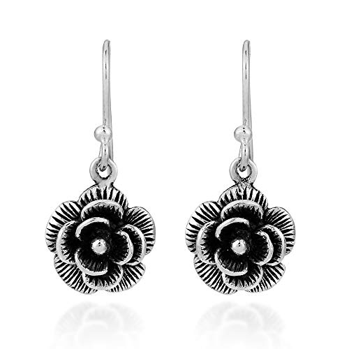 Vintage Romantic Rose .925 Sterling Silver Oxidized Dangle Flower Earrings for Women | Handmade Bohemian Jewelry | Perfect for Weddings, Date Nights & Special Occasions