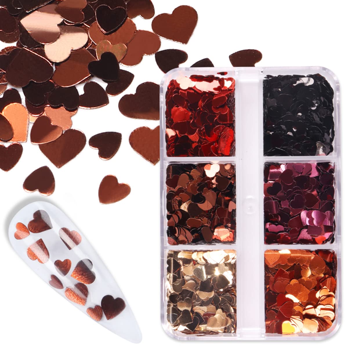 3D Heart Glitter Nail Sequins - 6 Grids Holographic Nail Art Stickers for Valentine's Day, Red Rose Gold Black Heart Glitter Decals | DIY Nail Design Charms, Party & Wedding Nail Art Decorations