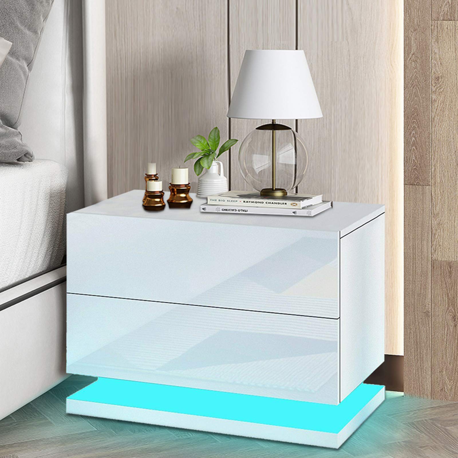 Modern White Nightstand with Drawers and LED Light - Bedside Table with Storage Shelf, High Gloss Finish for Bedroom, Office & Living Room - Perfect for Small Spaces, Reading Nook & Apartment Decor