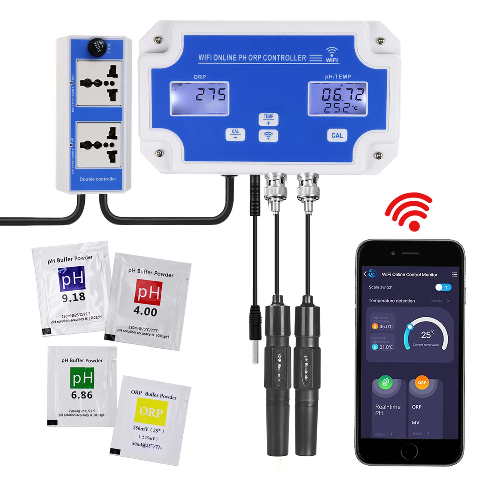 Smart pH ORP Controller - 3-in-1 WiFi Aquarium Water Monitor for pH, ORP & Temperature with Calibration | Compatible with CO2 Bottles & O3 Generators | Perfect for Fish Tanks, Hydroponics & Water Quality Testing