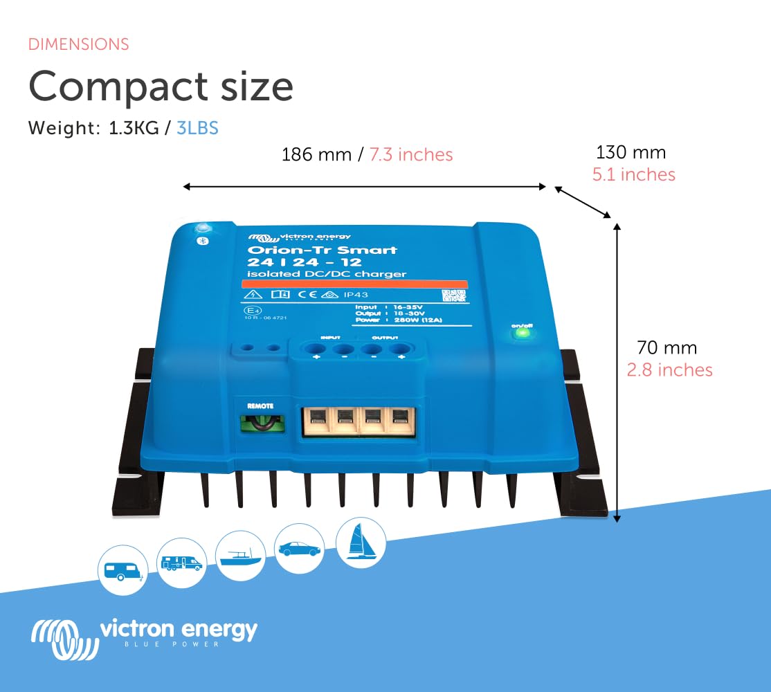 Victron Energy Orion-Tr Smart DC to DC Charger 24V/24V 12A 280W with Bluetooth - Isolated Battery Charger for Dual Battery Systems - Perfect for RVs, Boats & Off-Grid Power Solutions