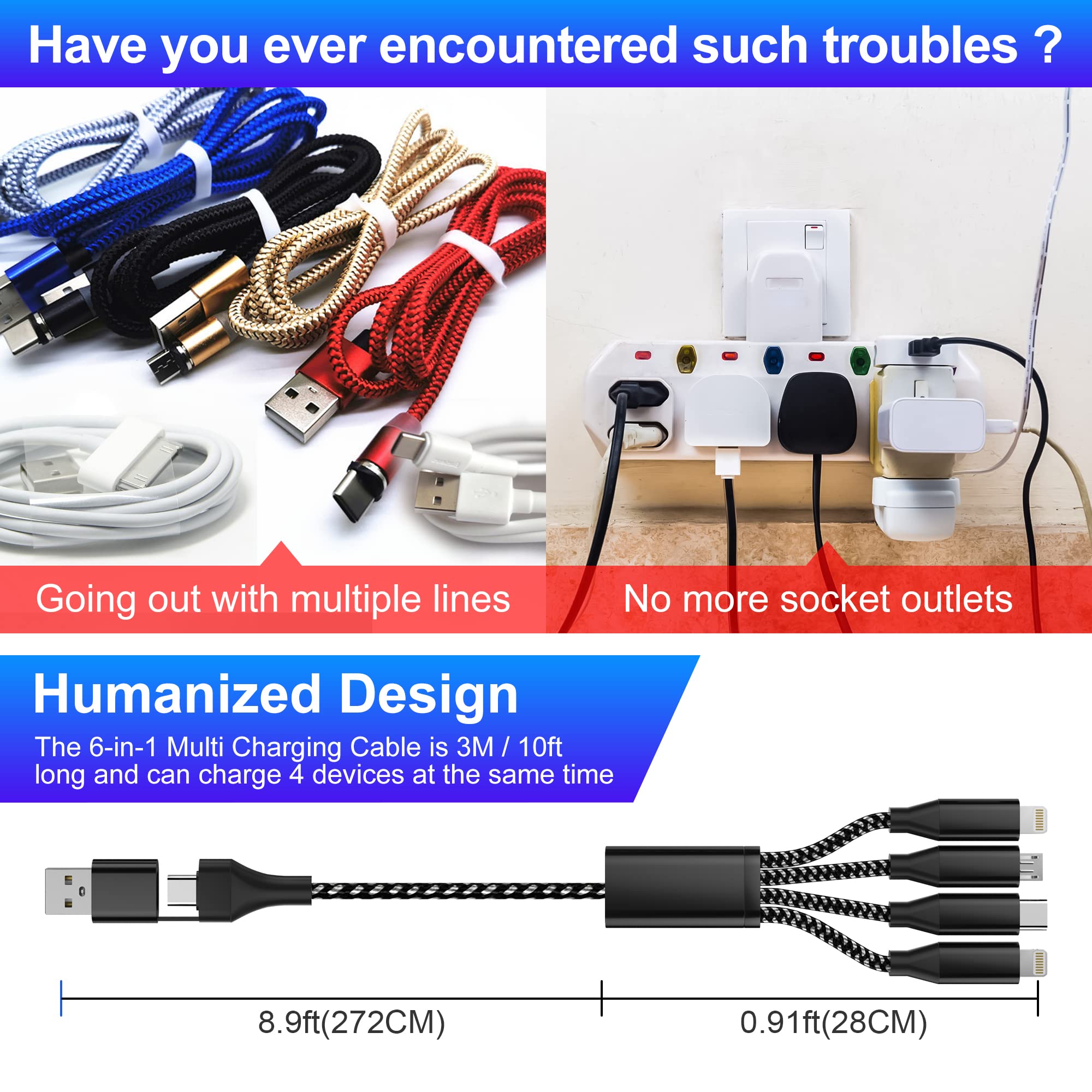 4-in-1 USB C Multi Charger Cable with Fast Charging | 3M/10Ft MFi Certified | USB A/USB C to Micro USB + Type C + 2 Lightning | Universal Charging for iPhone, Android, Tablets | Perfect for Home, Office & Travel