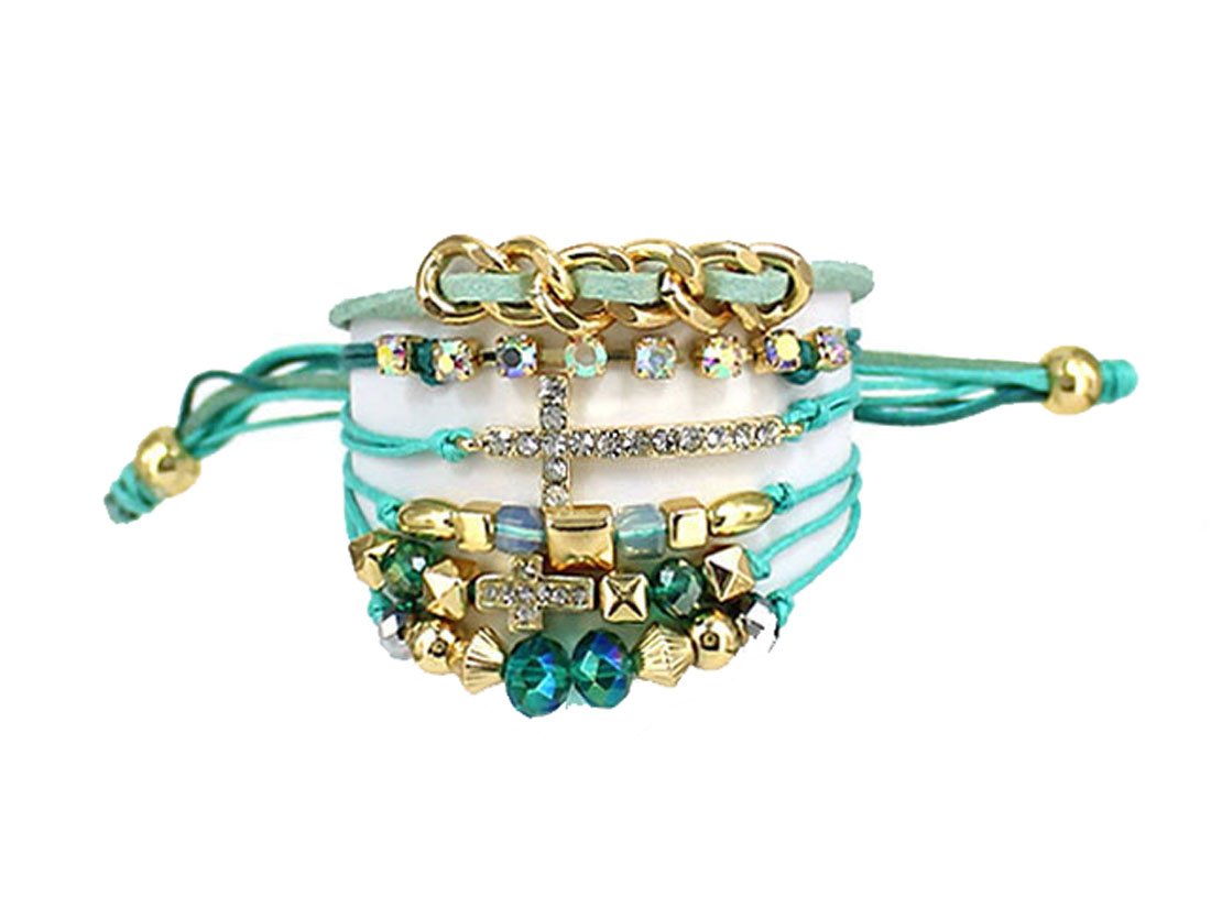 Christian Cross Leather Wrap Bracelet with Beads & Crystals for Women