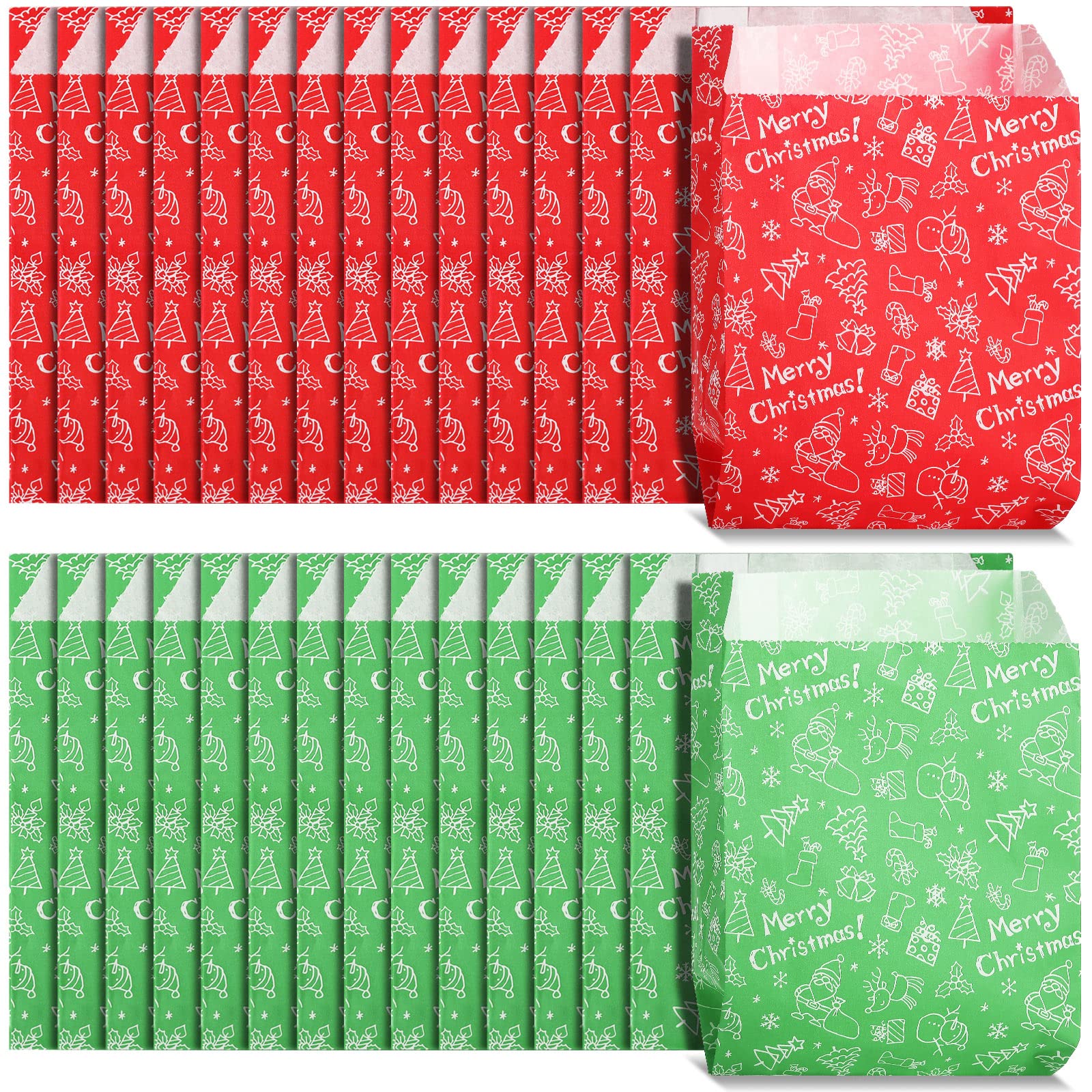 100-Pack Christmas Wax Paper Bags - Food Grade, Grease Resistant Treat Bags for Bakery, Cookies, Candy & Snacks | Perfect for Holiday Parties, Gift Wrapping & Festive Treat Packaging