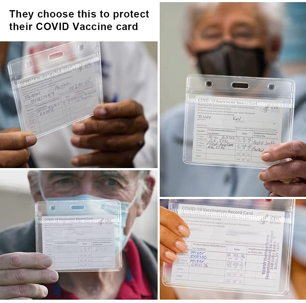 **12 Pack CDC Vaccination Card Protectors - Vinyl Plastic Sleeve with 3 Lanyard Slots for Travel, Events & Daily Use - Waterproof & Durable Covid Vaccine Card Holder**    (使用场景: Perfect for travel, concerts, schools, workplaces, and everyday protection of your vaccination records.)