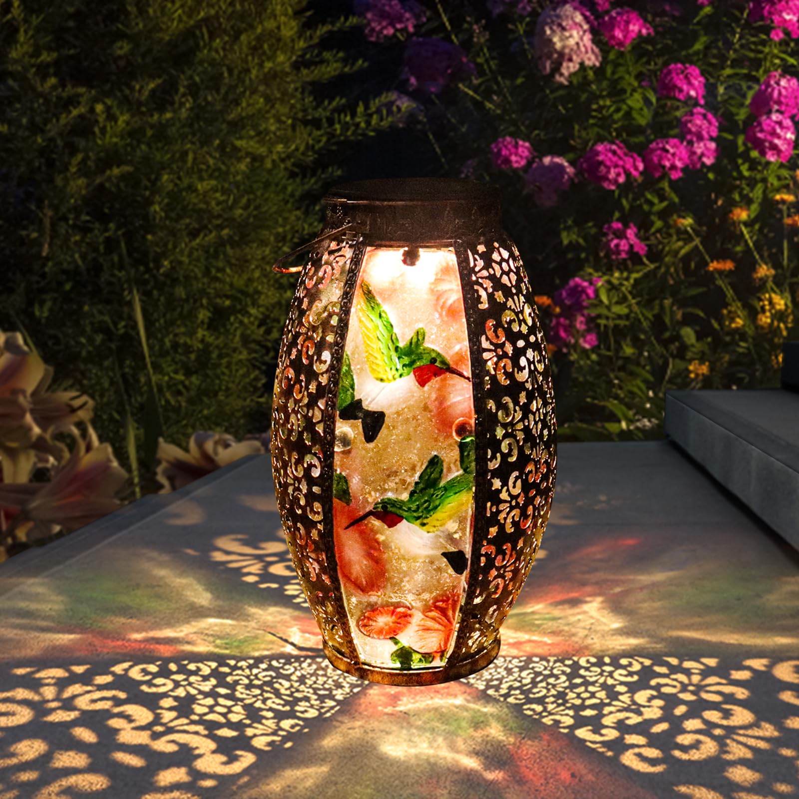 Solar Powered LED Hummingbird Glass Lantern - Waterproof Outdoor Decorative Lighting with Hollowed-Out Design for Garden, Patio, Pathway, Yard, Tabletop & Indoor Use | Perfect for Holiday Decor, Wedding Centerpieces & Romantic Ambiance