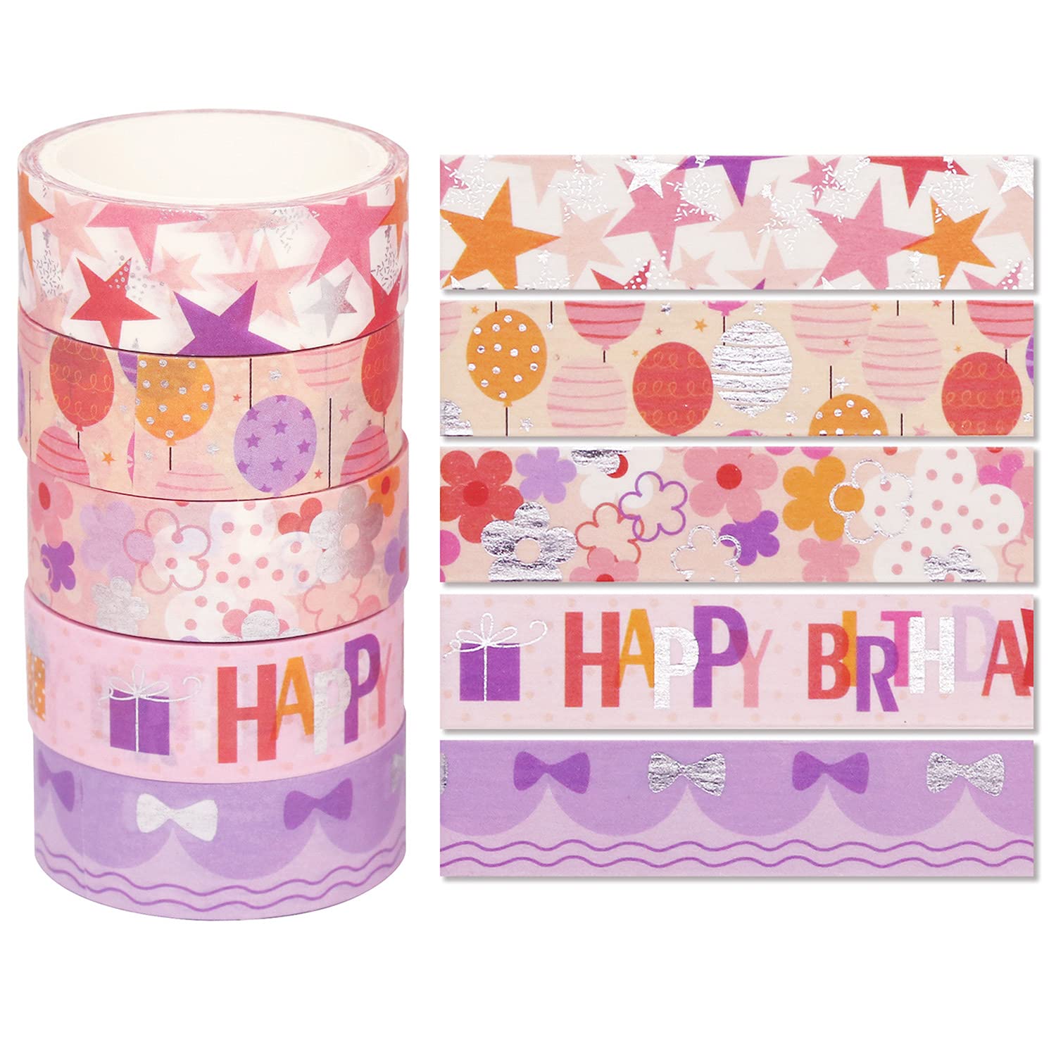 YUBX Birthday Washi Tape Set - 15 Rolls Silver Foil Decorative Masking Tapes for DIY Crafts, Scrapbooking, Journaling, Planner Decor & Gift Wrapping - Perfect for Party Decorations, Card Making & Creative Projects