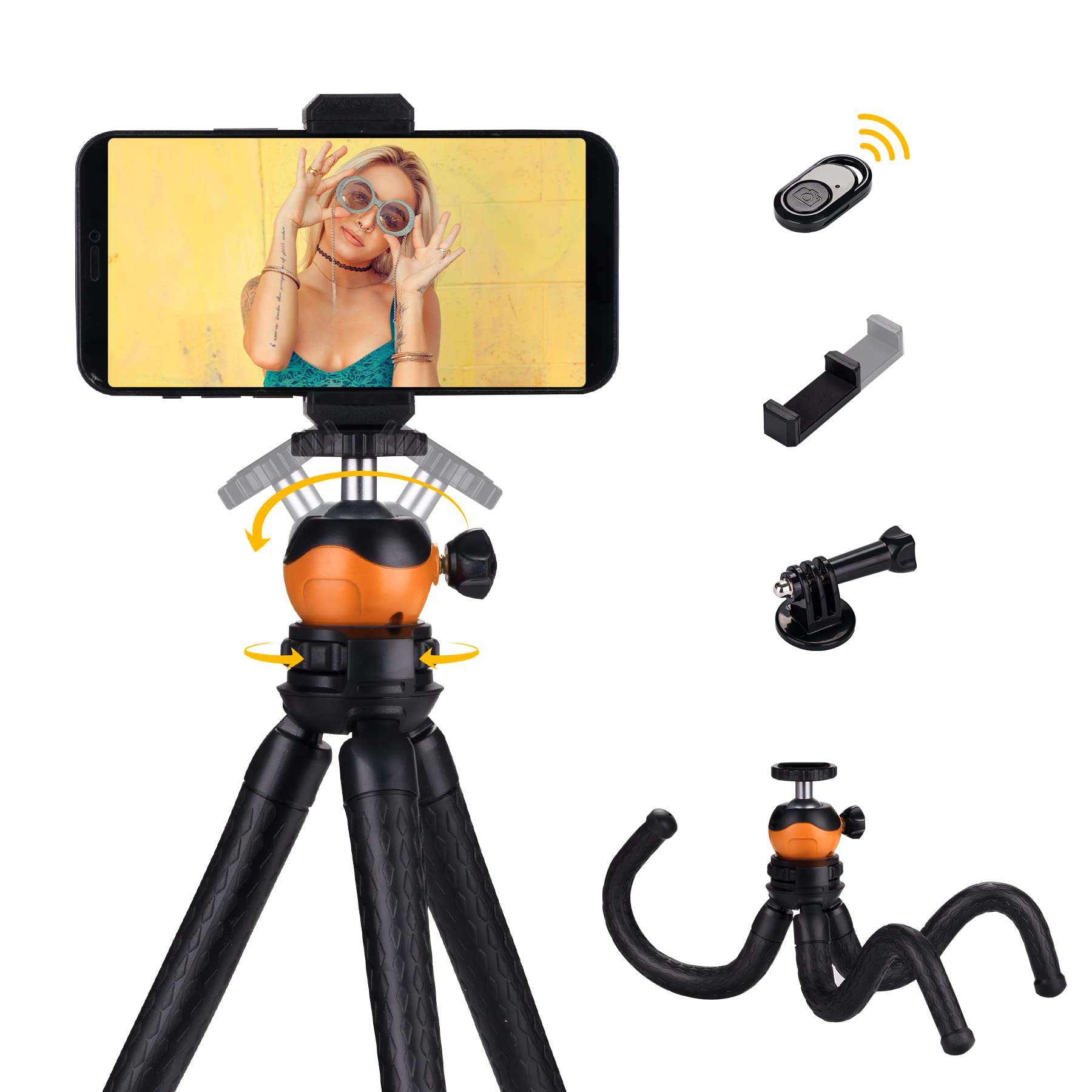 Portable Flexible Cell Phone Tripod Stand with Wireless Remote - 360° Adjustable Mini Tripod for iPhone, Android, GoPro, iPad & DSLR Cameras - Perfect for Vlogging, Live Streaming & Photography (Orange)