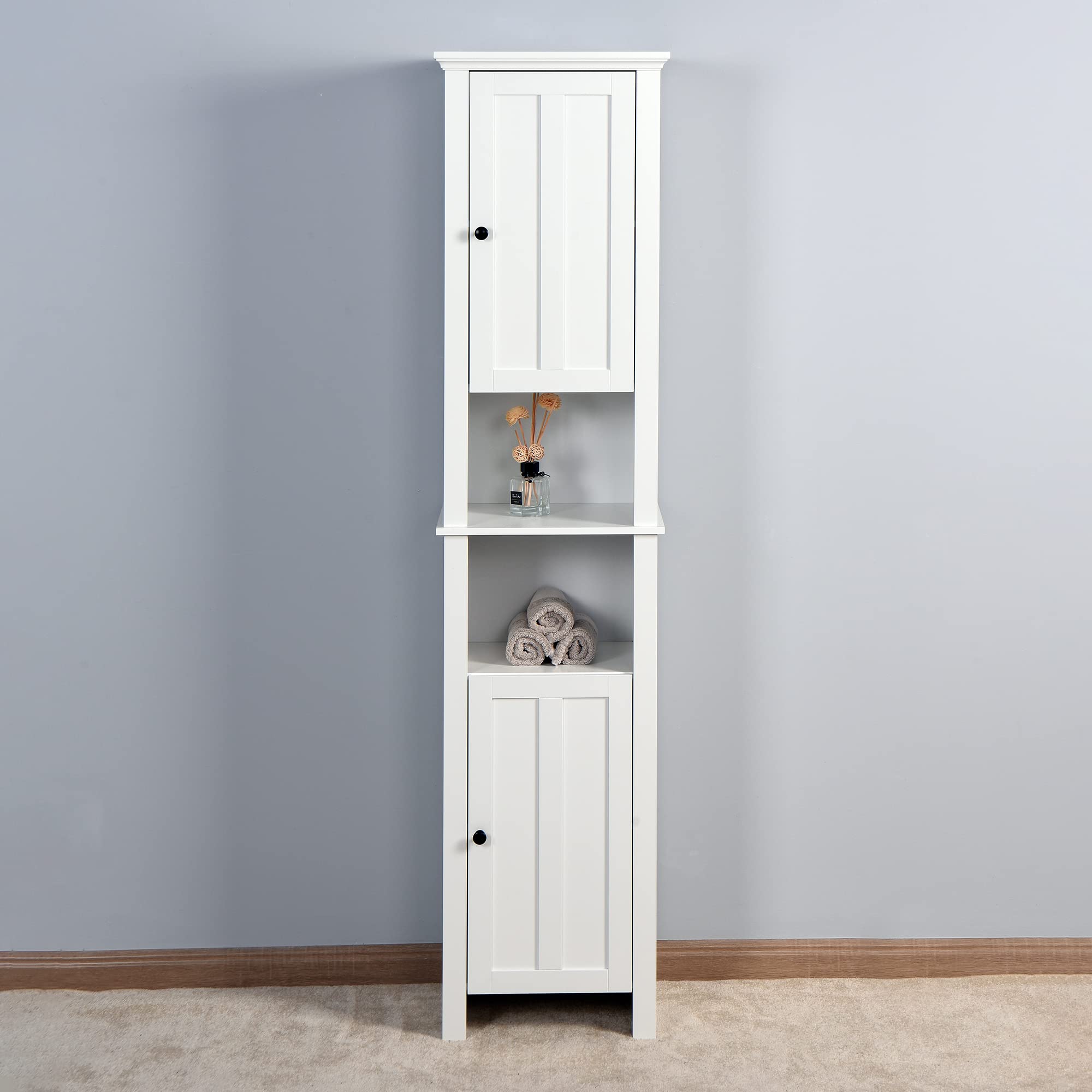 ARYSIEER White Wooden Storage Cabinet with 2 Doors & 6 Shelves - 15.75 x 11.81 x 66.93 Inches Bathroom Floor Cabinet for Organizing Towels, Toiletries & Cleaning Supplies - Perfect for Bathroom, Laundry Room or Bedroom Storage