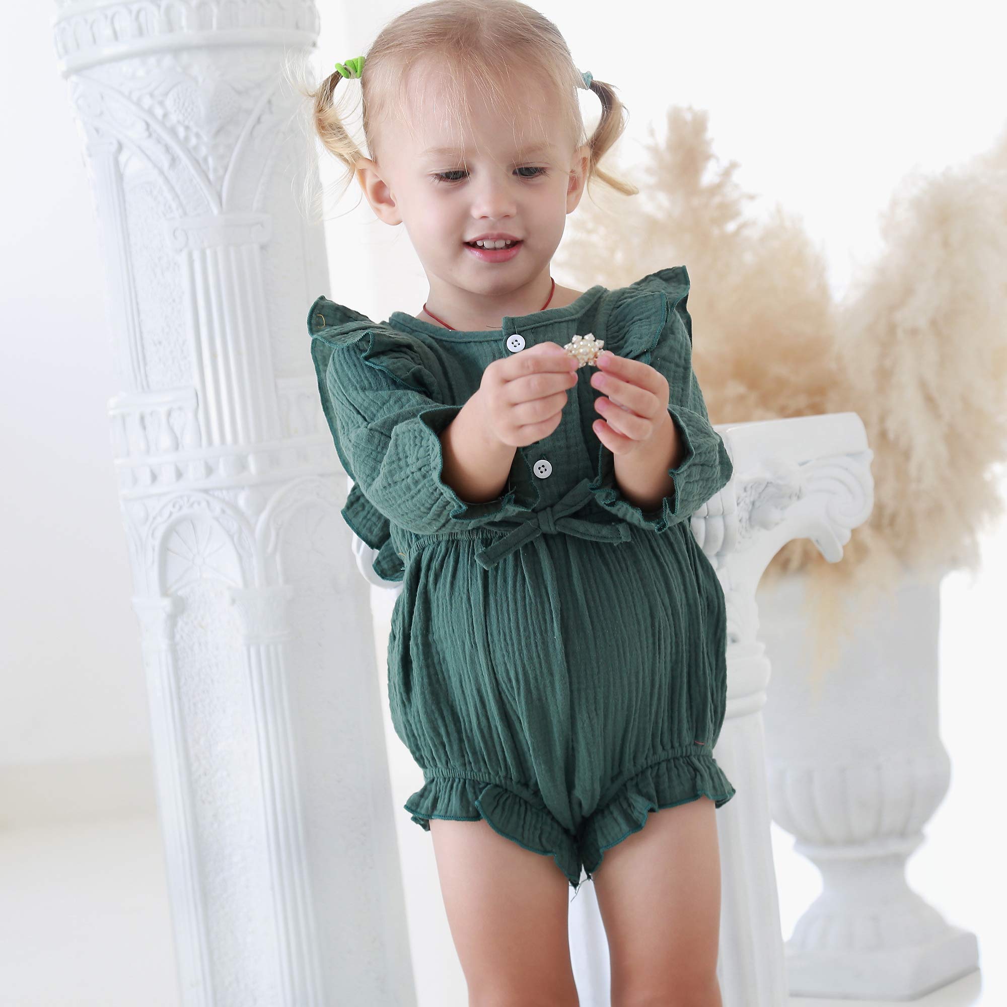 Renotemy Newborn Baby Girl Clothes - Soft Cotton Linen Romper with Ruffle Details | Cute Solid Color Jumpsuit for Infants 0-24 Months | Perfect for Photoshoots, Playdates & Special Occasions