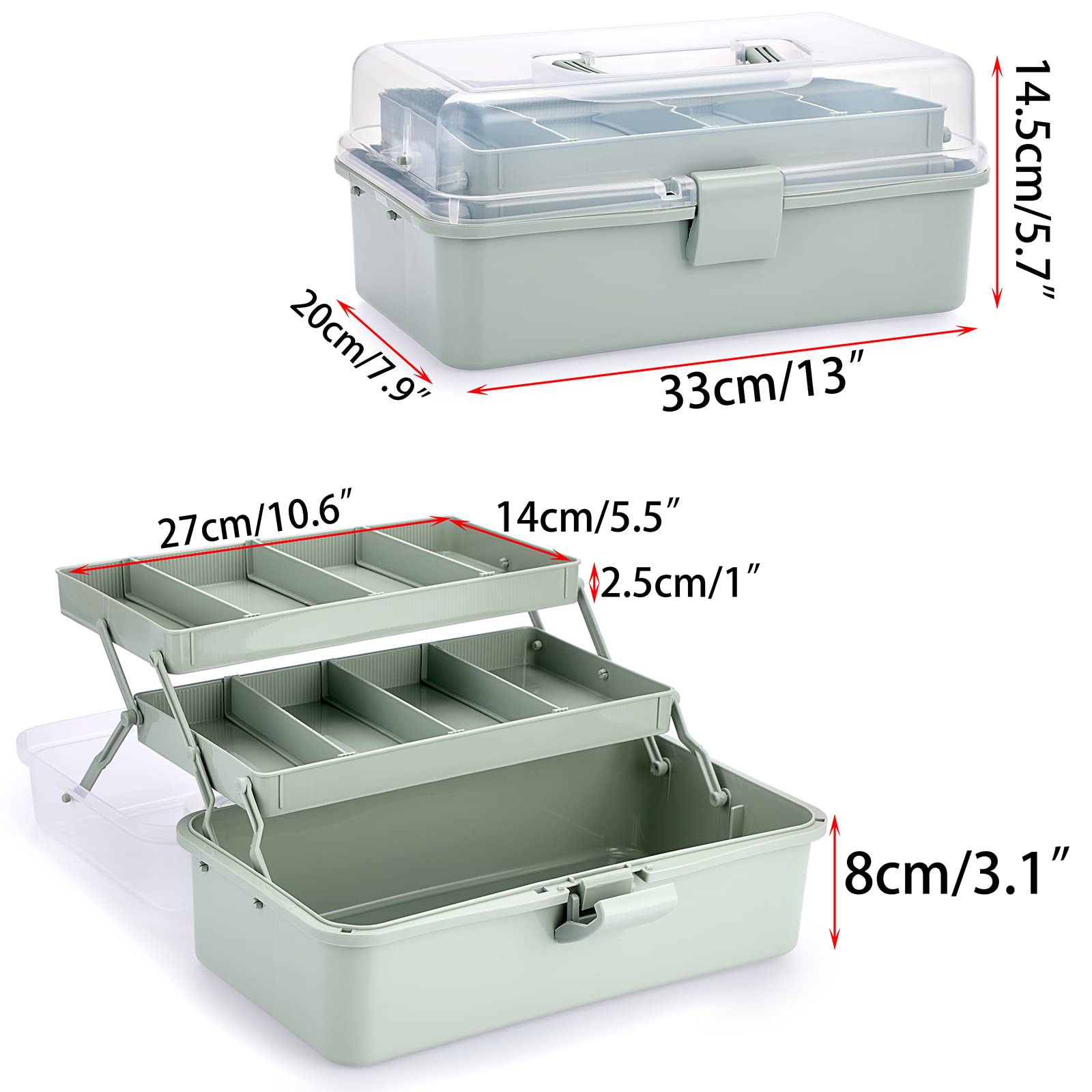 BTSKY 3-Layer Plastic Storage Box with Adjustable Dividers - Portable Craft Organizer for Art Supplies, Sewing Kits, Medicine & Home Organization - Perfect for Artists, Crafters & Home Use (Haze Green)
