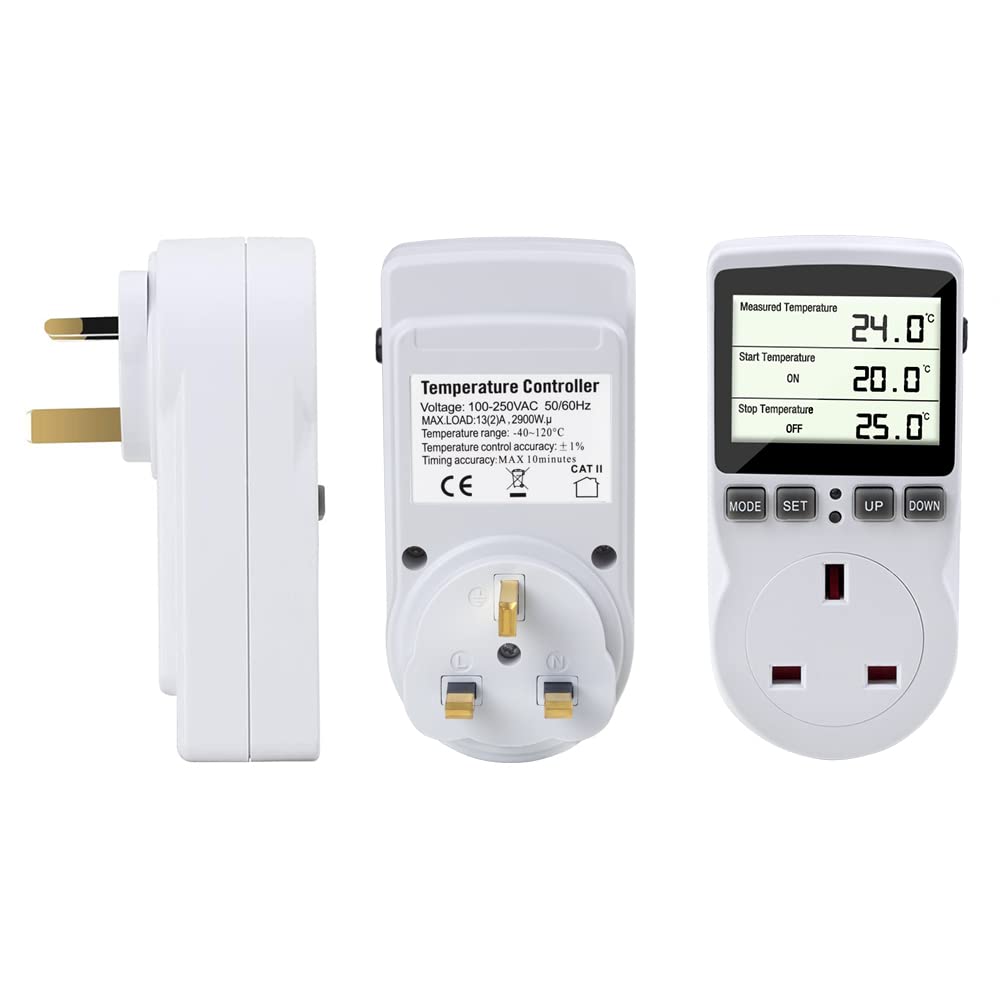 Gobesty Digital Temperature Controller Thermostat Outlet Socket - 230V Smart Plug with Temperature Sensor for Heating & Cooling - Perfect for Greenhouse, Farm, Aquarium, Reptile Tank & Home Brewing