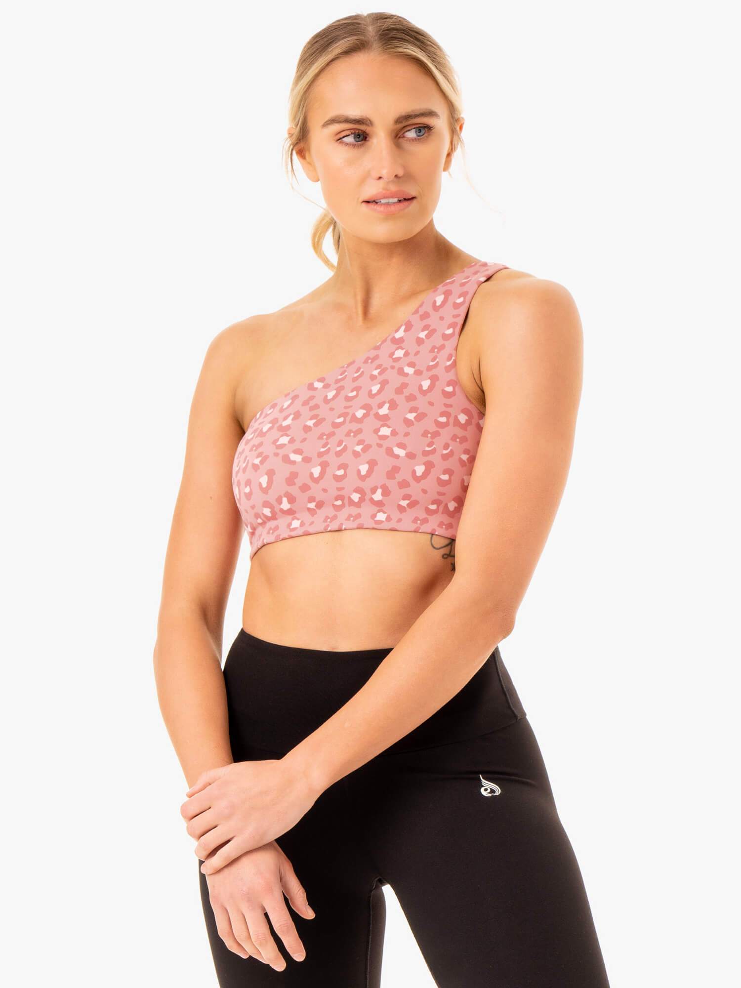 Adapt One Shoulder Sports Bra - Pink Leopard Print Workout Top for Women | Yoga, Running & Gym Fitness Apparel