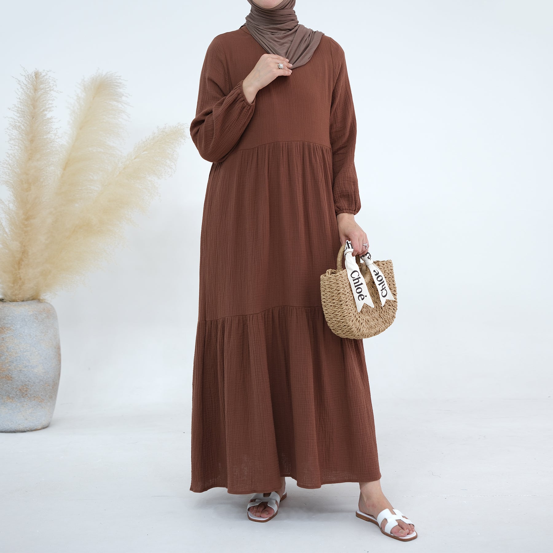Long Sleeve Prairie Maxi Dress in Brown - Boho Chic Flowy Dress for Women, Perfect for Fall Weddings, Date Nights & Casual Outings