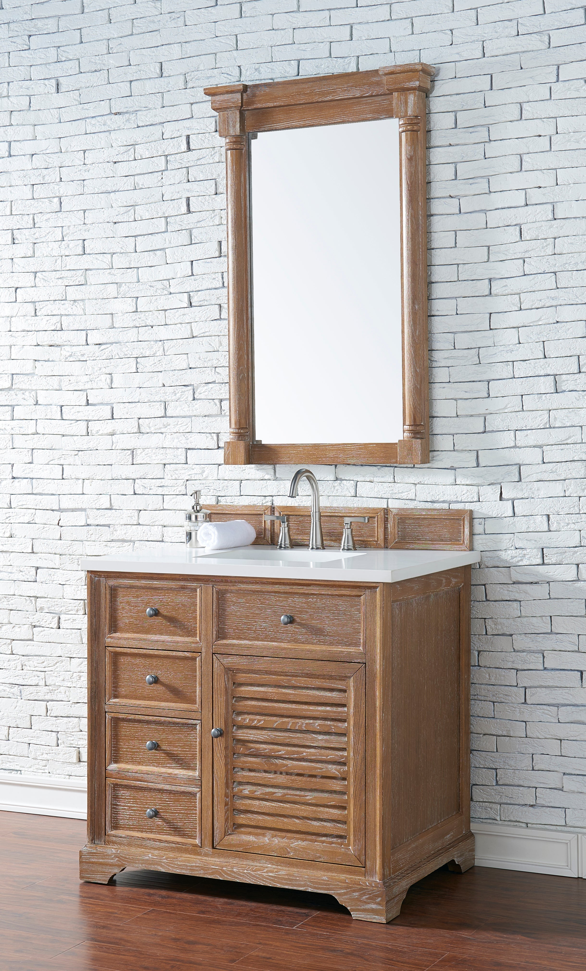 Savannah 36 Inch Single Vanity Cabinet in Driftwood Finish with 3CM Classic White Quartz Top - Perfect for Bathroom Remodeling and Modern Home Decor