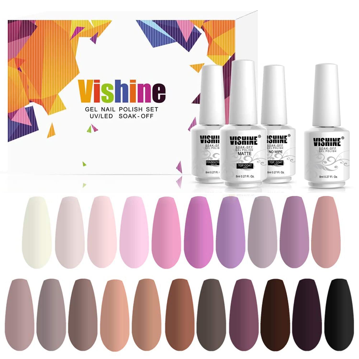 Vishine 24Pcs Gel Nail Polish Set - Soak Off Nude, Gray, Purple & Glitter Colors | Long-Lasting LED/UV Lamp Manicure Kit (8ml) | Perfect for Home Nail Art, Salon Treatments & Gift Giving