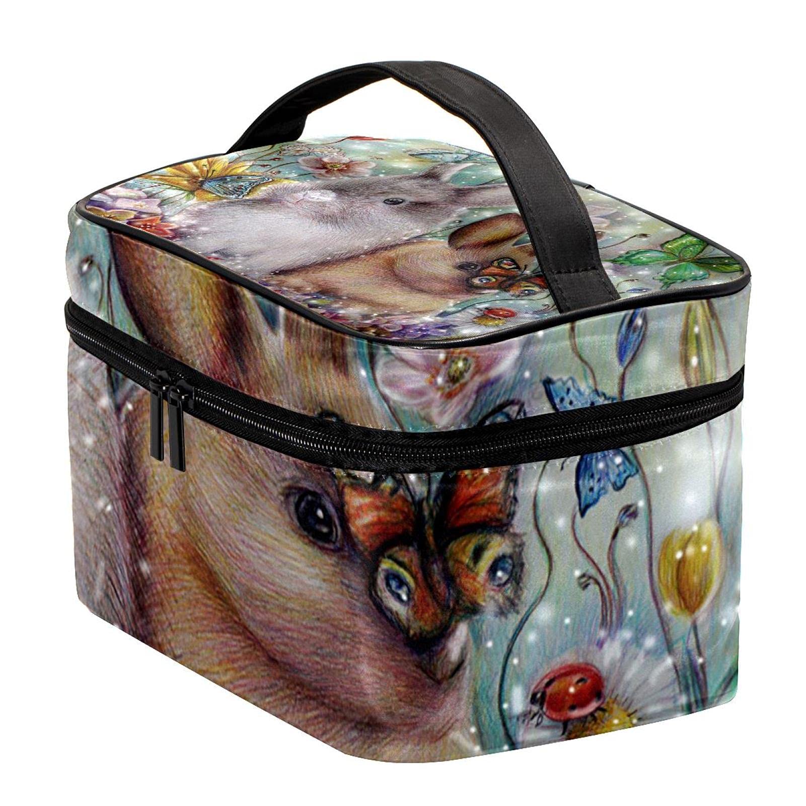 Large Travel Makeup Bag with Hares Bunny Butterflies Pattern - Cosmetic Organizer Case with Zipper for Women & Girls - Perfect for Travel, Gym, and Daily Essentials Storage