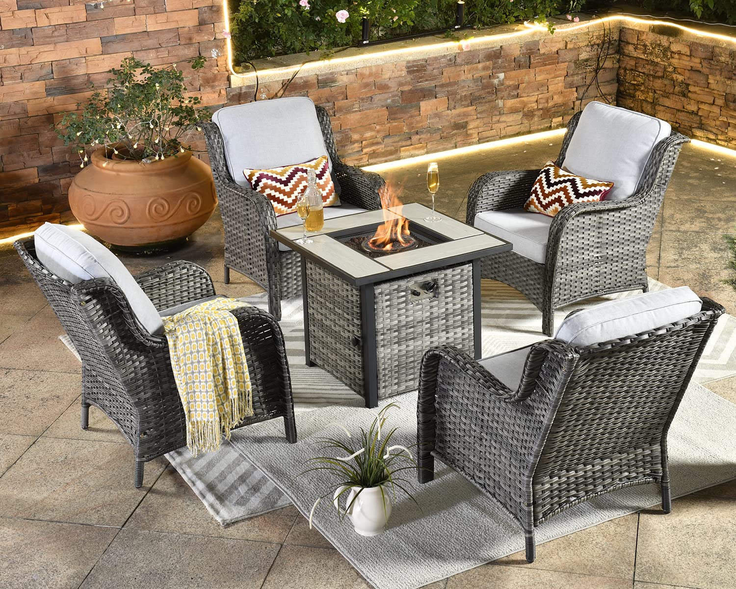 5-Piece Grey Wicker Patio Furniture Set with 30