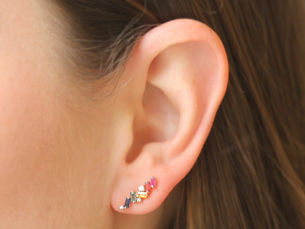 Suzanne Kalan Rose Gold Rainbow Sapphire & Diamond Zig Zag Earrings for Women | Luxury Statement Jewelry for Parties, Weddings & Special Occasions
