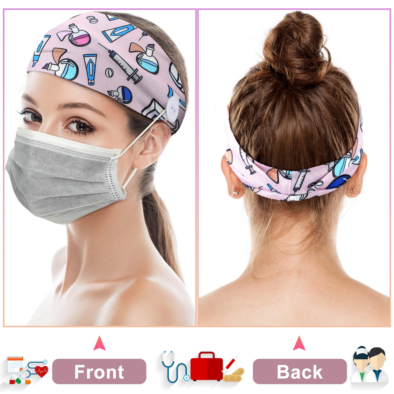 Hotop Non-Slip Elastic Women's Headbands with Buttons - Soft Ear Protection Head Wraps for Nurses, Doctors & Athletes - Adjustable Hair Bands for Work, Sports & Daily Use - Perfect Gift for Healthcare Workers & Fitness Lovers