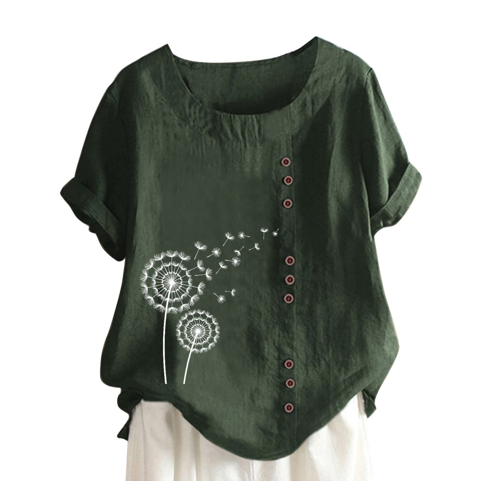 Women's Casual Cotton Linen Shirts - 3/4 Sleeve Crew Neck Loose Fit Tunic Tops with Side Split | Perfect for Summer Outfits, Beach Wear & Boho Style Fashion
