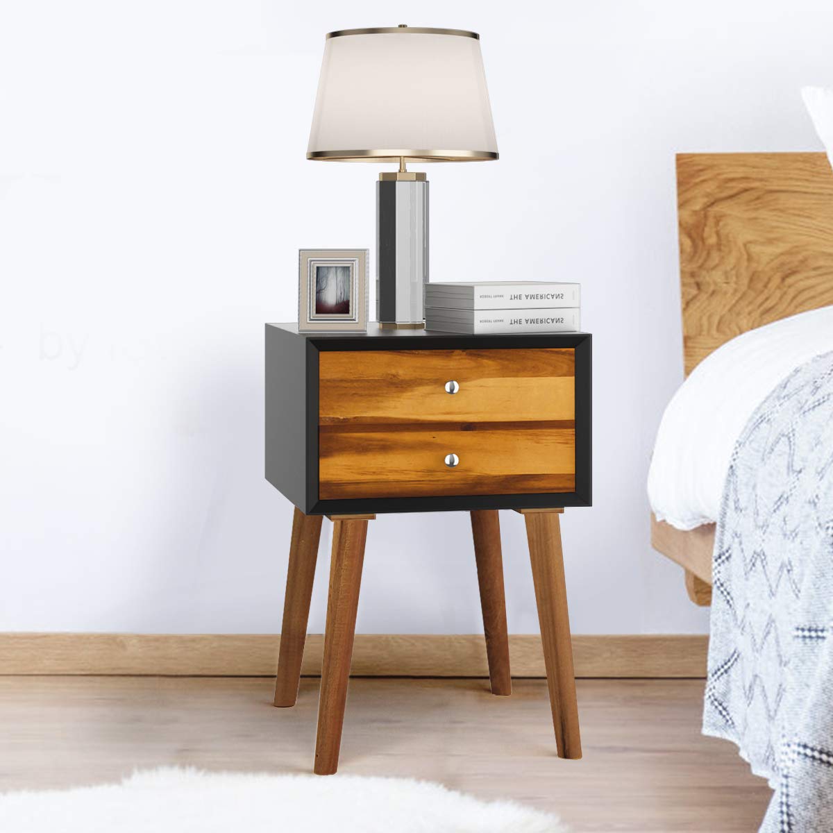 Mid Century Modern Nightstand with 2 Drawers - Solid Wood Legs Bedside Table for Bedroom, Living Room & Small Spaces - Black End Table for Cozy Home Decor & Convenient Storage