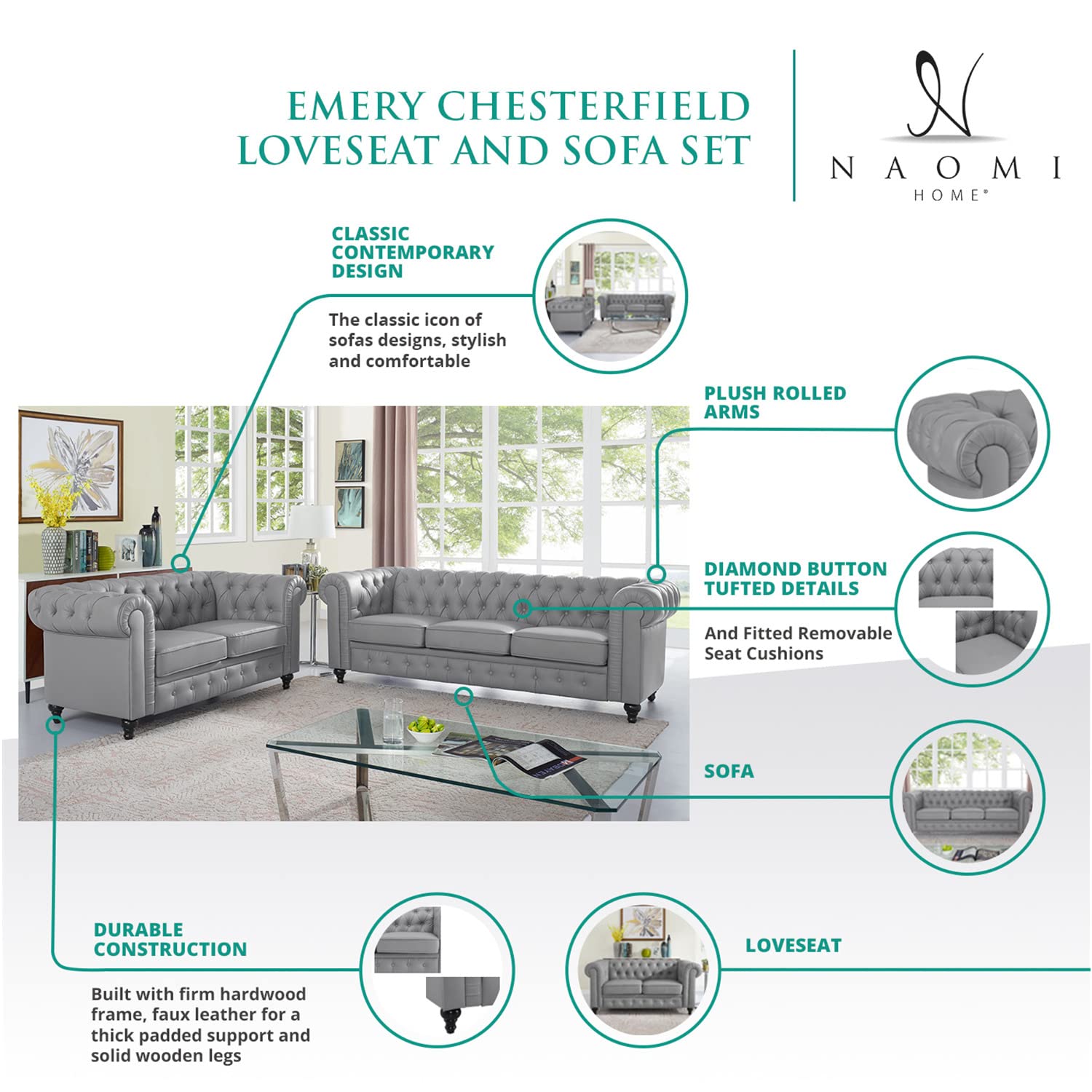 Naomi Home Emery Chesterfield Loveseat & Sofa - Tufted Rolled Arm 2 & 3 Seater Sectional Couch for Small Spaces - Easy Tool-Free Assembly in White | Perfect for Living Room, Bedroom & Apartment Decor