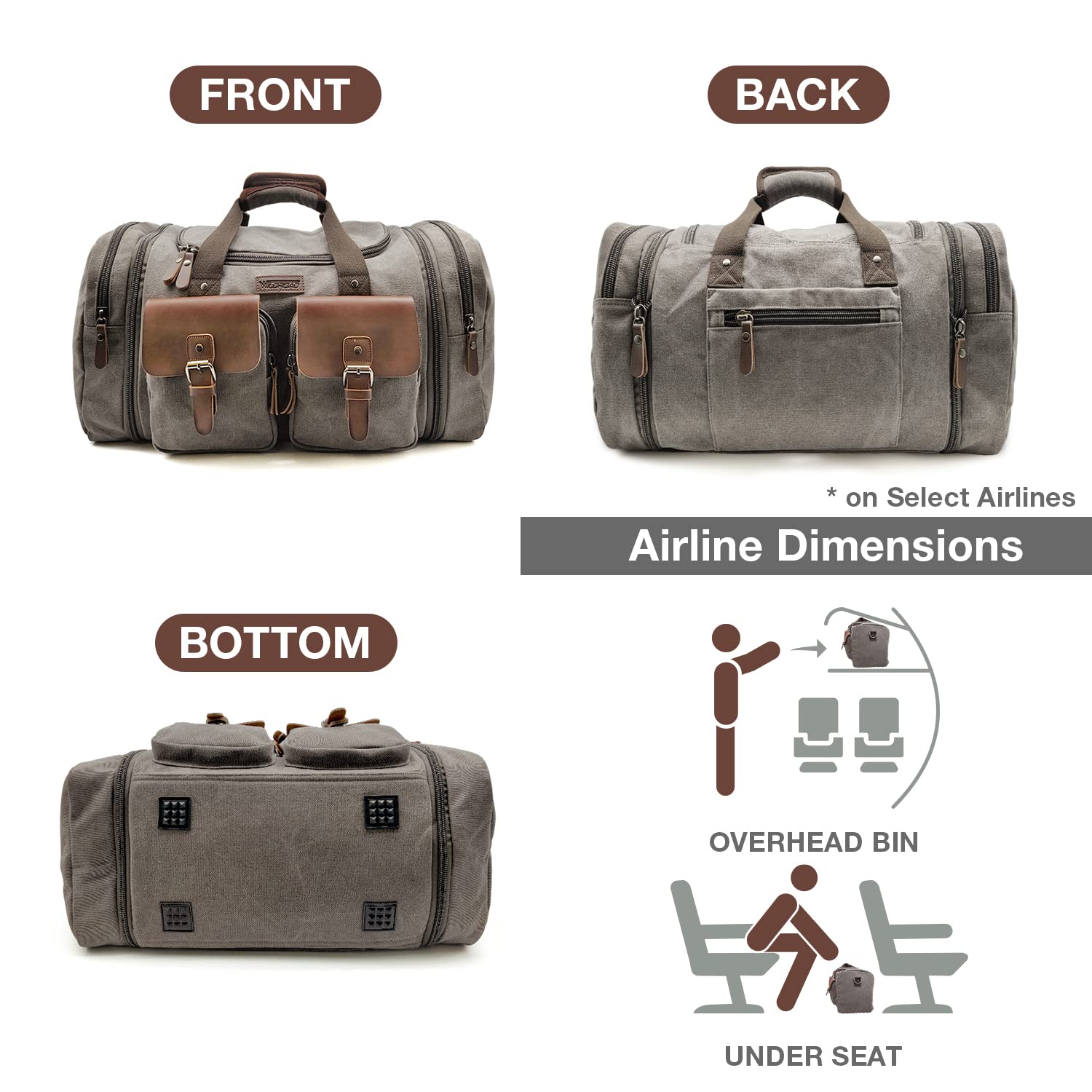 Wildroad 50L Expandable Travel Duffel Bag - Waterproof Canvas & Genuine Leather Weekender Carry On Bag for Men & Women - Perfect for Overnight Trips, Gym, Camping & Business Travel