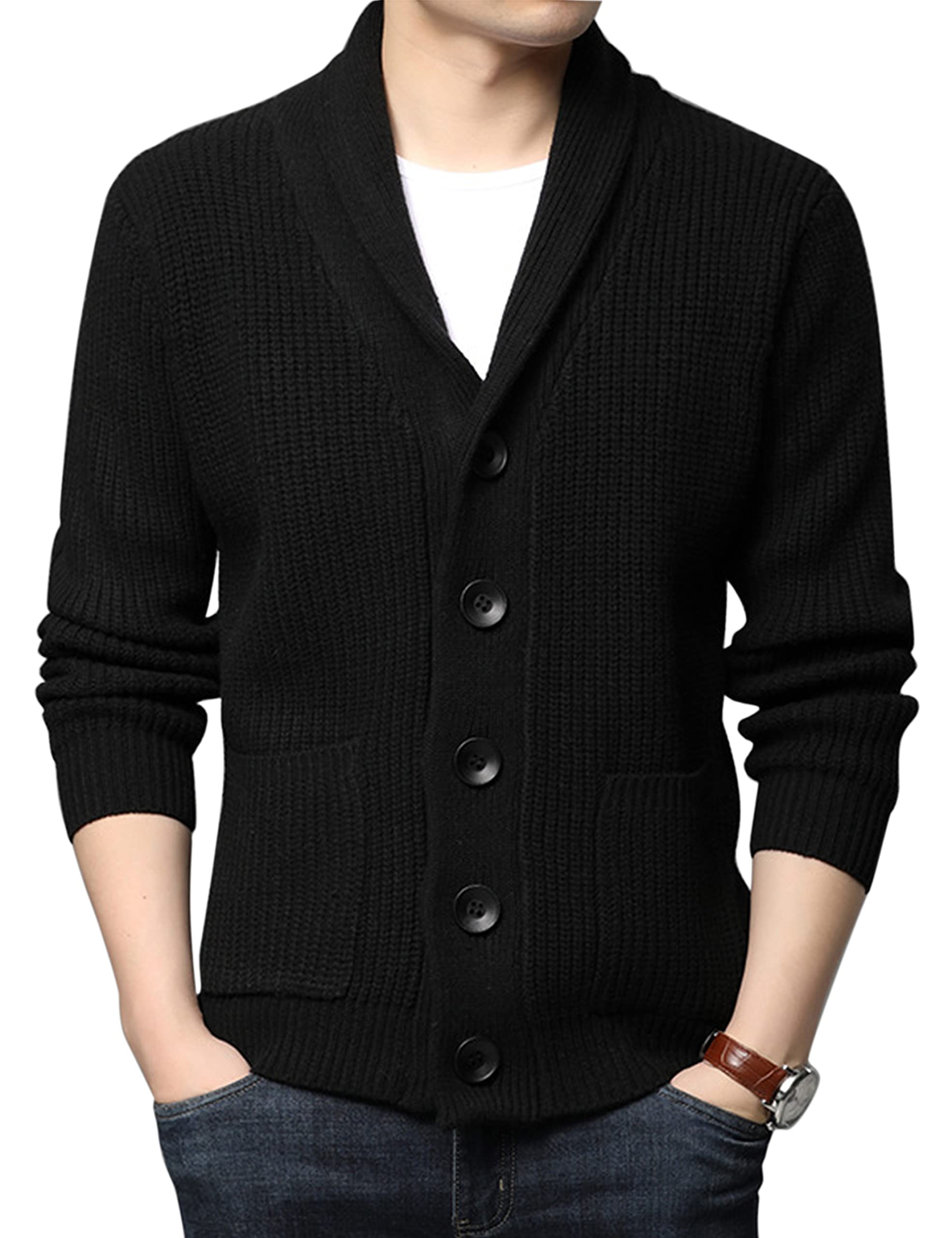 Yeokou Men's Slim Fit Shawl Collar Cardigan - Button Up Cable Knit Sweater with Pockets | Winter Layering & Casual Office Wear