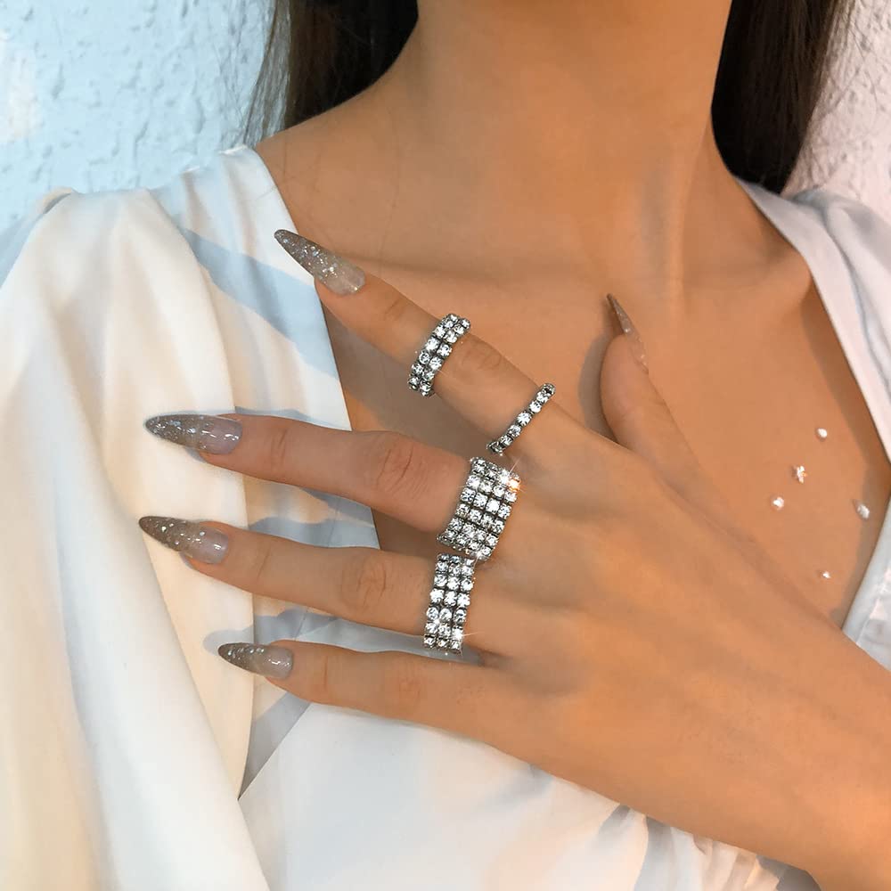 4pcs Silver Rhinestone Rings Set - Fashion Elastic Crystal Stretch Rings for Women - Sparkling Party & Evening Accessories - Perfect for Weddings, Prom, Date Night & Special Occasions