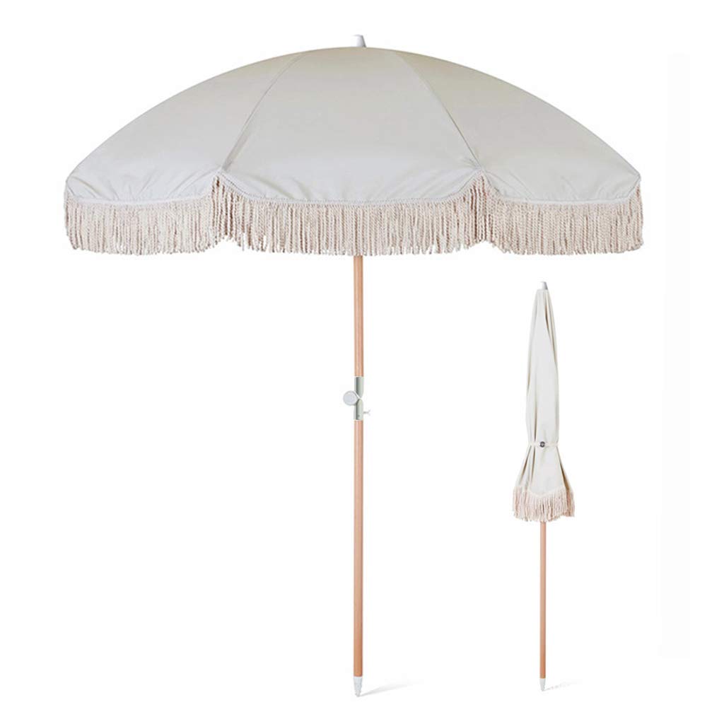 2m Round Wooden Garden Sun Umbrella with Tilt Function - Waterproof UV Protection Patio Umbrella with Tassels - White Outdoor Sunshade for Beach, Pool, Balcony & Backyard Relaxation
